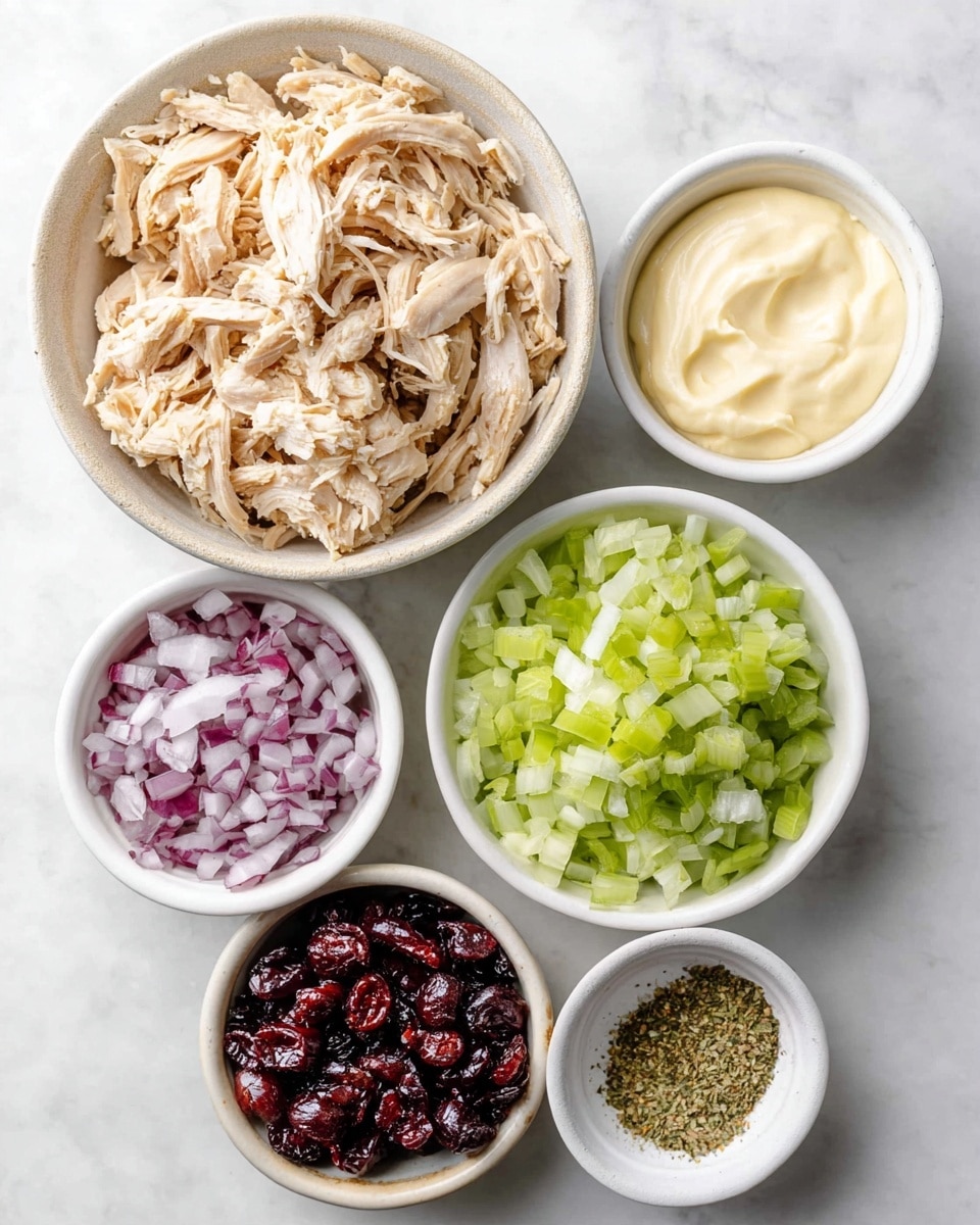 The image shows six bowls placed on a white marbled surface. The largest bowl at the top contains shredded light brown cooked chicken with some darker edges and visible texture of the meat fibers. To the right, a smaller bowl holds creamy pale yellow mayonnaise with a smooth texture. Below it, a white bowl with finely chopped light green celery pieces. To the left of the celery is a bowl filled with finely chopped purple-red onion. Below the onions and celery, two bowls contain dark red dried cranberries, both showing a slightly shiny, wrinkled surface. At the bottom right, a very small bowl with a mix of dry spices including green herbs and salt with light brown powder. The arrangement is neat and well lit, colors are natural and fresh-looking, focused from above. Photo taken with an iphone --ar 4:5 --v 7
