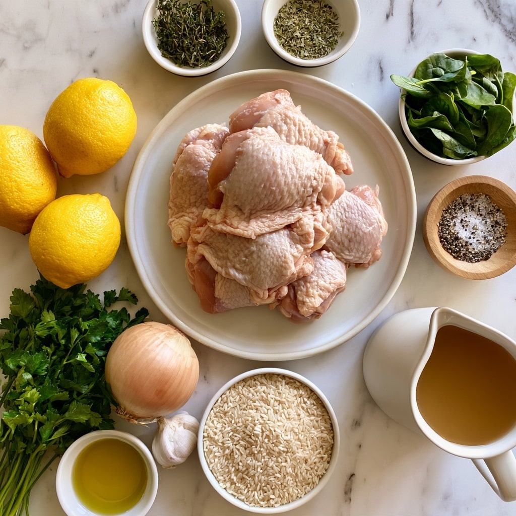 The image shows raw chicken thighs stacked closely on a round white plate in the center top. Around the plate, various fresh ingredients are placed on a white marbled surface: three whole bright yellow lemons on the left, a small bowl of fresh green spinach at center right, and a round wooden bowl with salt and pepper mix nearby. Above the chicken are small white bowls filled with thyme and oregano. At the bottom left corner is a bunch of fresh green parsley, a whole light brown onion, a whole garlic bulb, and a small bowl of golden olive oil. Center bottom has a small white bowl filled with uncooked white rice. A white jug with light brown chicken broth is near the bottom right. Each item is clearly visible and arranged neatly. Photo taken with an iphone --ar 4:5 --v 7