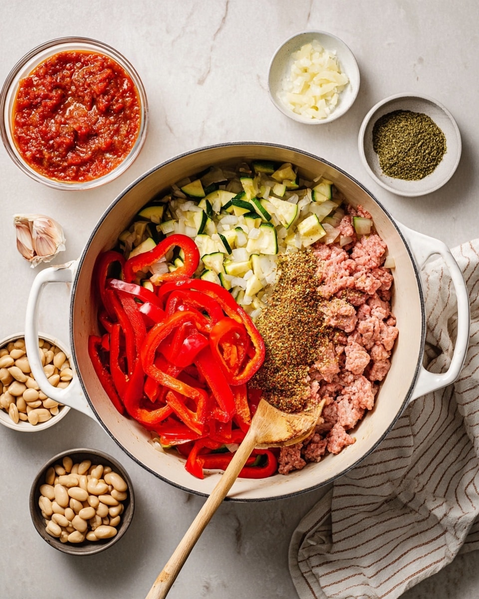 A white pot on a white marbled surface holds cooked chopped onions and zucchini mixed with bright red sliced bell peppers on the left side, while fresh pale pink ground meat topped with different brown and green spices rests on the right side. Around the pot, small white bowls with chopped garlic, tomato paste, and light beige beans are placed, along with a glass bowl containing a chunky red sauce. A wooden spoon lies inside the pot, touching the vegetables, and a white and beige striped cloth is set under the pot's left handle. photo taken with an iphone --ar 4:5 --v 7