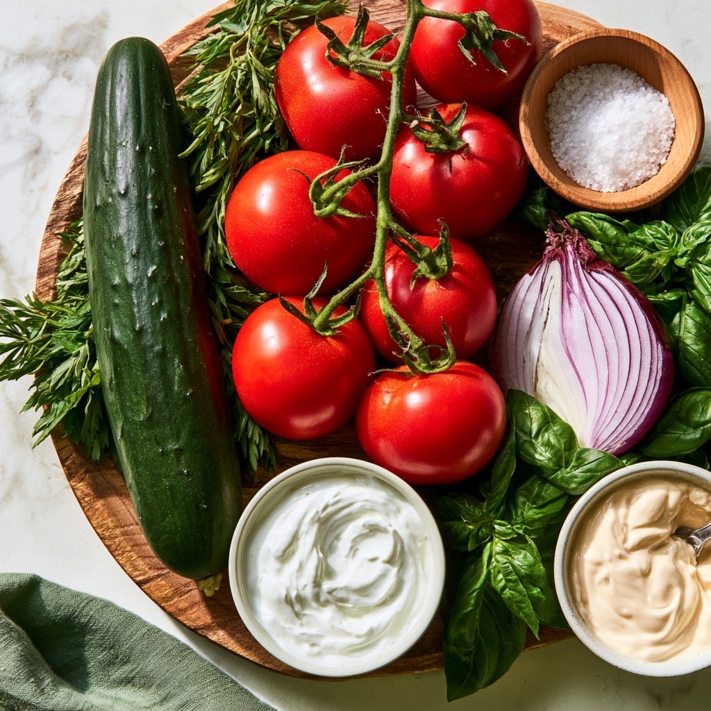 A round wooden plate on a white marbled surface holds several fresh ingredients arranged neatly. At the center are bright red tomatoes still on the vine, vibrant and smooth. To the left of the tomatoes lies a long, dark green English cucumber with a slightly bumpy texture, resting next to fresh green herbs with leafy textures. A small white bowl of creamy Greek yogurt sits at the front edge of the plate, with its surface slightly swirled. A halved red onion with purple and white rings is placed on the right side, near fresh basil leaves which look vibrant and glossy. A small wooden bowl filled with coarse kosher salt and another small white bowl with creamy off-white mayo, with a spoon resting inside it, complete the arrangement. Toward the bottom left of the frame, a folded green cloth is partially visible. Photo taken with an iphone --ar 4:5 --v 7