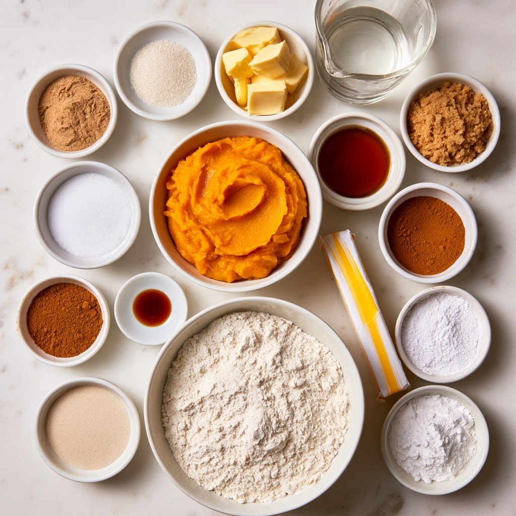 A flat lay of baking ingredients arranged neatly on a white marbled surface, featuring multiple white bowls and small dishes. At the center bottom, there is a large white bowl filled with white flour. Above it in the middle is another white bowl holding smooth bright orange pumpkin puree. Surrounding these central bowls are smaller white dishes with various ingredients: a light brown powder of cinnamon, granulated white sugar, fine white yeast, fine salt, soft yellow butter cubes, clear water in a glass measuring cup, and a small bowl of light brown brown sugar. There are also small dishes with pumpkin pie spice (a warm medium brown powder), vanilla extract in a dark amber small puddle, maple syrup in a small bowl with a shiny amber look, and finely powdered white sugar in another white bowl. The stick of butter is still wrapped with visible yellow and white paper. Each ingredient is clearly labeled with black text on white backgrounds placed directly above or near each item. photo taken with an iphone --ar 4:5 --v 7