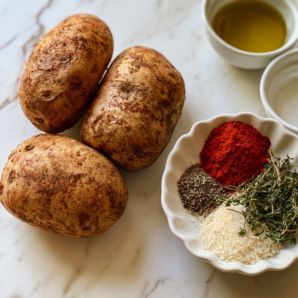 Four russet potatoes with rough brown skin lie on a white marbled surface. To the right, a white scalloped bowl holds four spices arranged in small piles: bright red paprika on top, black pepper on the left, off-white kosher salt at the bottom, and green dried thyme on the right. Next to this bowl, a small white bowl filled with light golden oil is visible. Photo taken with an iphone --ar 4:5 --v 7