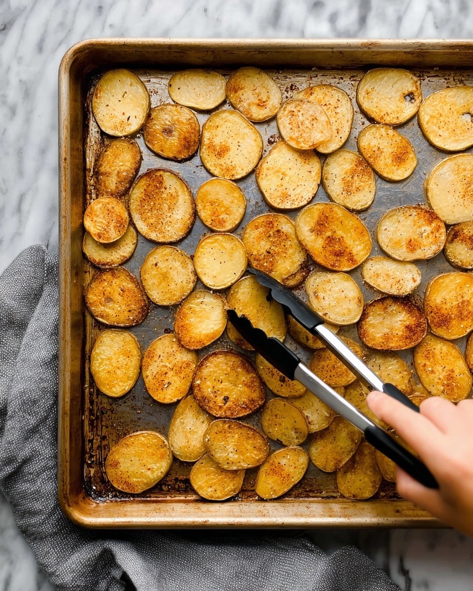 The image shows a metal baking tray filled with one layer of thin, oval-shaped potato slices spread out evenly. Each slice is golden brown with a slightly crispy texture and some darkened edges, seasoned with a light dusting of spices. A woman’s hand holding metal tongs with black silicone tips is picking up one of the potato slices near the bottom right. The tray is on a white marbled surface with a soft gray fabric partially visible in the bottom left corner. photo taken with an iphone --ar 4:5 --v 7