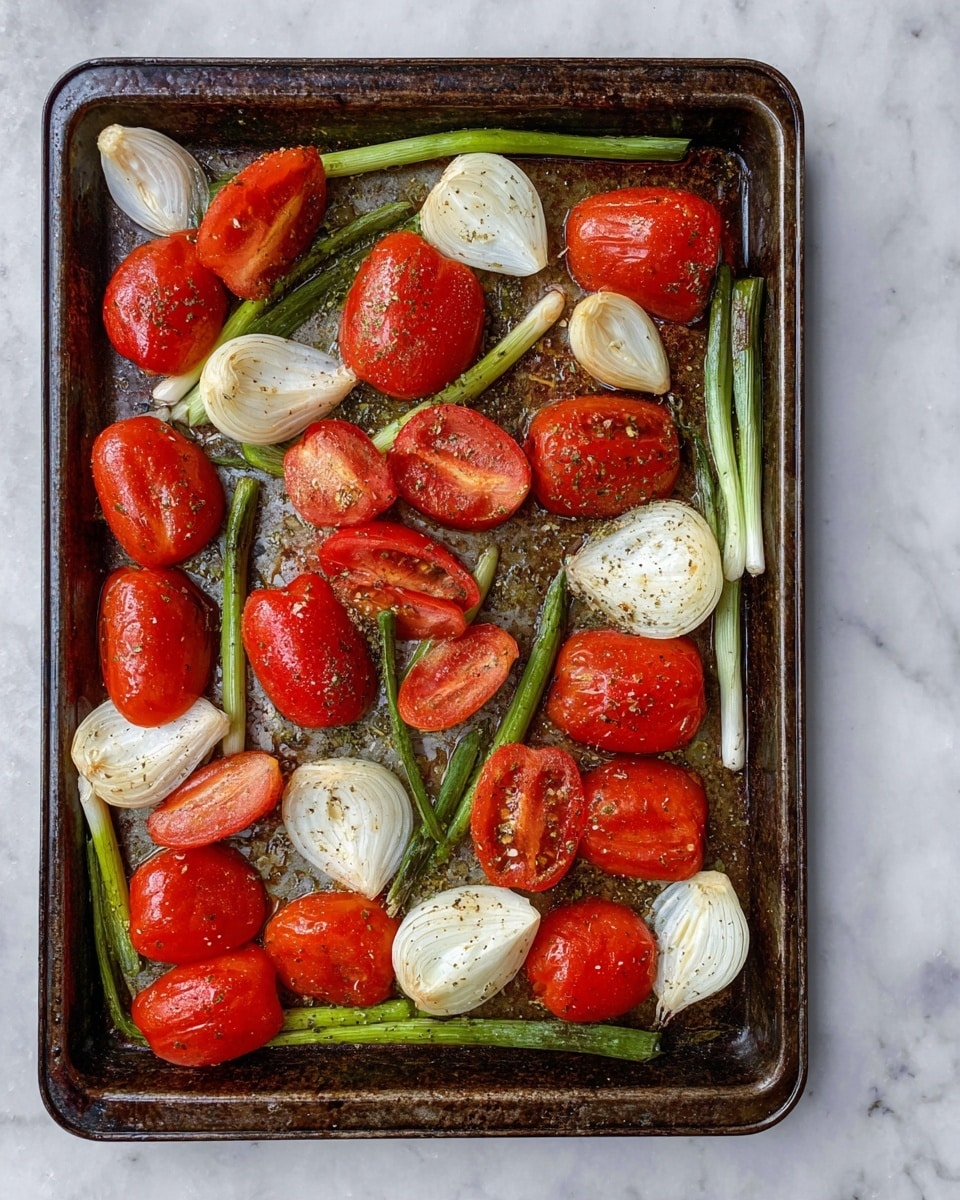 A dark metal baking tray holds a spread of halved red tomatoes, three white onion halves, several green onion stalks, and a few cloves of garlic. The tomatoes are bright red with soft, juicy textures, and some have seeds and juice visible. The onions are pale white and smooth with light seasoning on top, while the green onion stalks are vibrant green and placed between the tomatoes. Small herb flakes are sprinkled across the vegetables on the tray. The tray itself shows some baked marks and oils. The background is a white marbled texture. Photo taken with an iphone --ar 4:5 --v 7