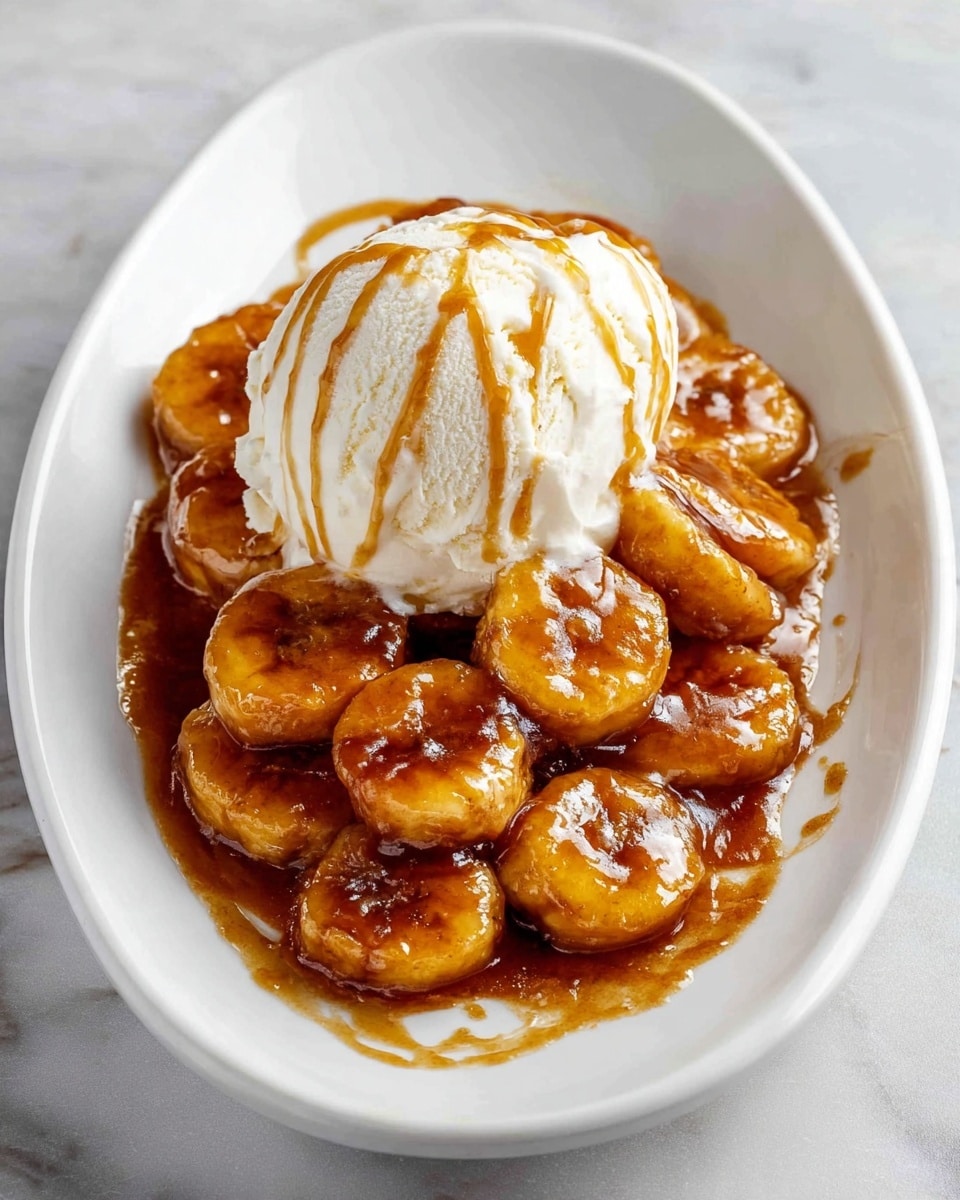 A white oval plate holds a dessert with two main layers: a large scoop of creamy white vanilla ice cream positioned at the top center, drizzled with streaks of light brown syrup, and beneath it, a mound of glossy, golden-brown caramelized banana slices coated in a thick, shiny caramel sauce that pools slightly at the bottom. The bananas have a soft, glazed texture and are arranged compactly in an overlapping pattern. The plate rests on a white marbled surface. photo taken with an iphone --ar 4:5 --v 7