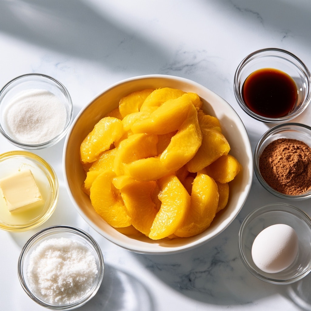 The image shows a clear white bowl filled with bright yellow canned peach slices placed at the top center on a white marbled surface. Surrounding it in smaller clear glass bowls and one with a cube of butter are white sugar, white corn starch, dark brown vanilla, light yellow lemon juice, brown cinnamon powder, coarse white sugar labeled optional, and a white egg. Text labels in dark blue describe each ingredient, arranged neatly around the bowls. The scene is bright and clean with soft natural lighting and a clear, organized layout. Photo taken with an iphone --ar 4:5 --v 7