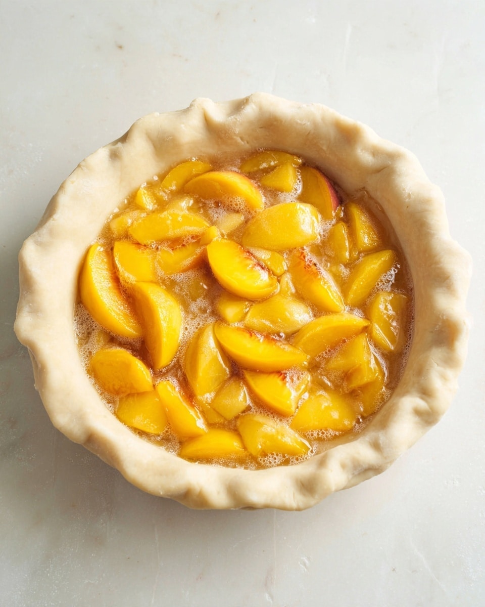 A close-up of an unbaked pie with one layer of thick, uneven pale dough forming the crust along the edges, surrounding a filling made of bright yellow and orange peach slices in a slightly foamy, light syrup that fills the space inside the crust. The pie is set on a white marbled surface, with the crust edges soft and slightly folded over. Photo taken with an iphone --ar 4:5 --v 7