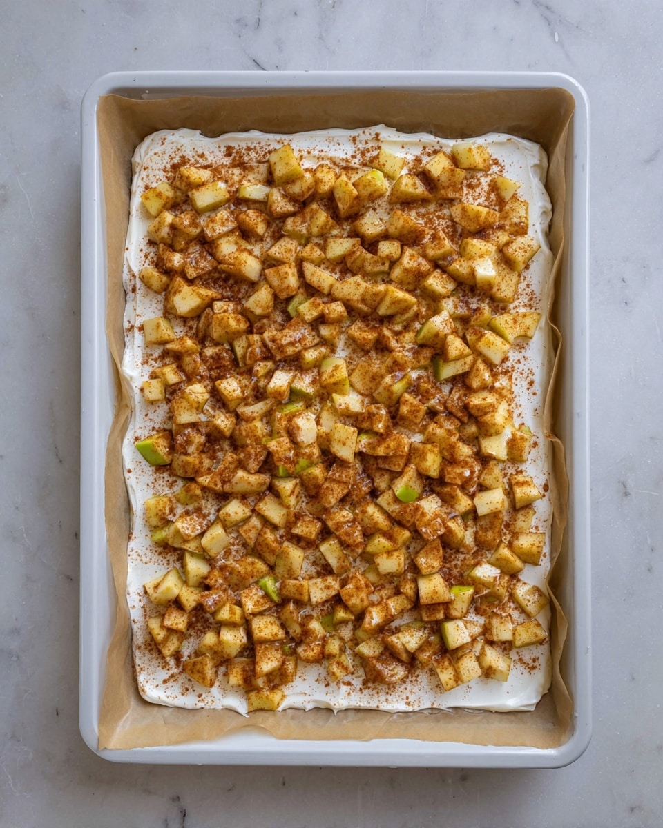 A rectangular white baking tray lined with parchment paper holds two layers: the bottom layer is a smooth, thick, white cream spread evenly; on top, there is a generous, even layer of small chopped apples coated in a light brown cinnamon spice, with the apple pieces showing a mix of light yellow and green hues. The tray is placed on a white marbled surface. Photo taken with an iphone --ar 4:5 --v 7