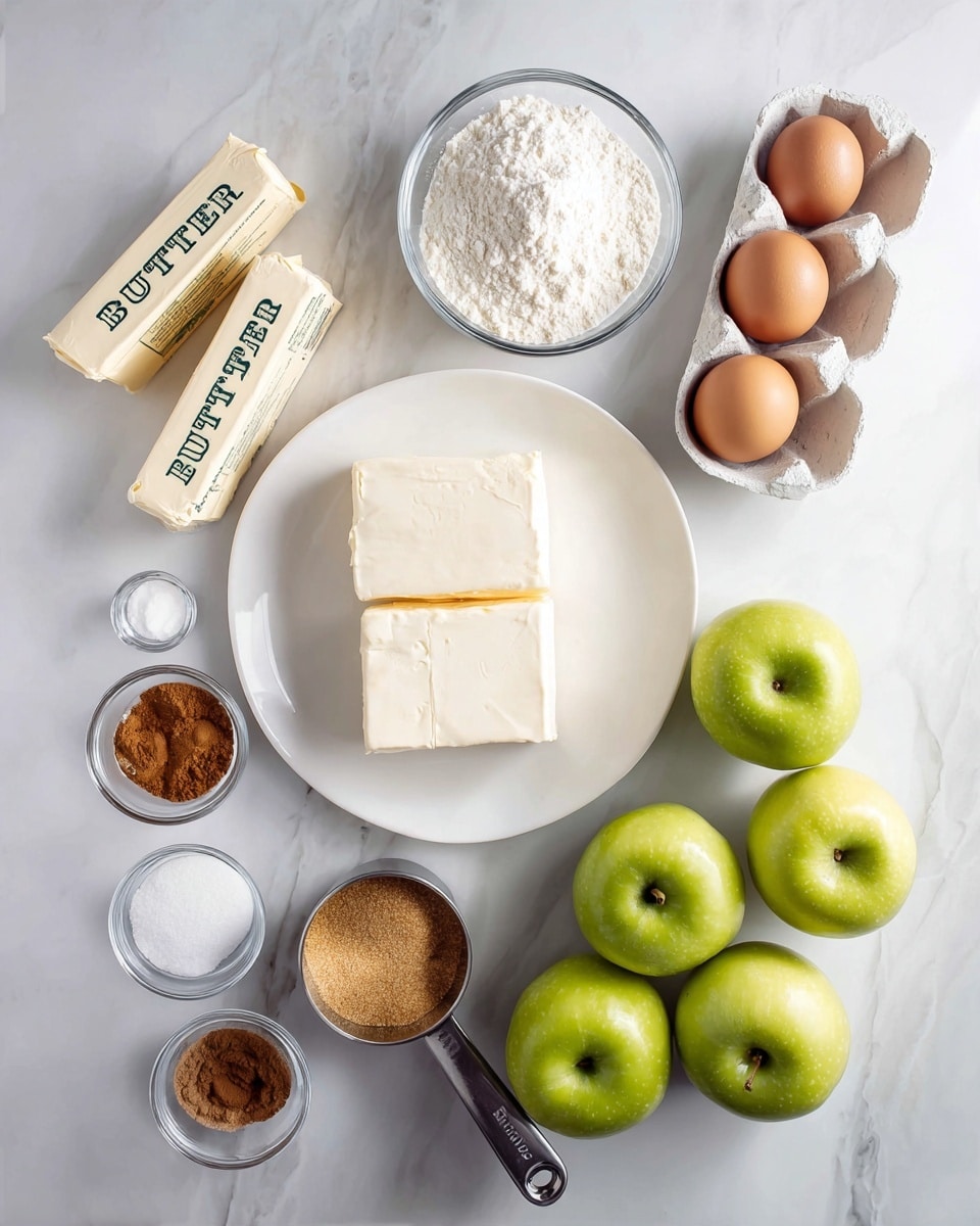 The image shows various baking ingredients arranged neatly on a white marbled surface. At the top right, there is a white ceramic egg tray holding two brown eggs. Below and to the left is a large white plate with two rectangular blocks of white cream cheese placed side by side. Above the plate, there is a clear glass bowl filled with white granulated sugar. To the left of the sugar bowl, two sticks of butter wrapped in paper with