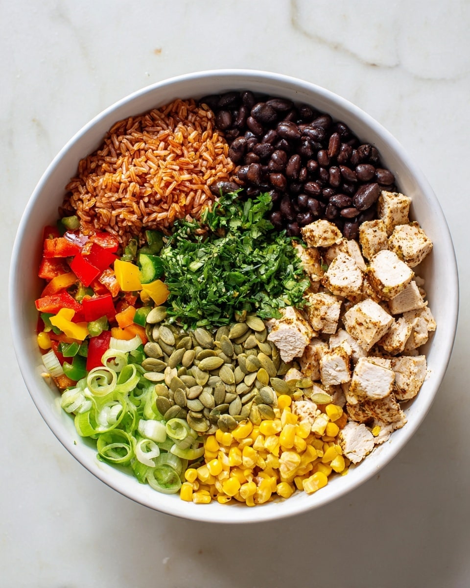 A white bowl on a white marbled surface holds a colorful layered dish divided into sections: on the top left is a pile of reddish-brown rice with a fluffy texture, next to it are shiny black beans, and to the right of the beans are cubed pieces of cooked white chicken with a light seasoning giving some pieces a brownish tint. Below the chicken is a layer of bright green chopped cilantro, and in the center is a generous pile of light green pumpkin seeds. On the bottom left, there is a mix of chopped red bell pepper and green cucumber pieces alongside sliced green onions and bright yellow corn kernels, all neatly arranged with vivid colors. photo taken with an iphone --ar 4:5 --v 7