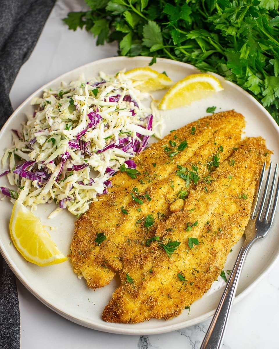 The image shows two golden, crispy fish fillets seasoned with small green parsley leaves, lying side by side on a smooth white plate. At the top left side of the plate, there is a fresh coleslaw made of shredded white and purple cabbage mixed with some green herbs. Two lemon wedges are placed on the bottom left and top right edges of the plate. The plate sits on a white marbled surface, and in the background, there is a bunch of fresh green parsley. A silver fork is placed near the bottom right corner of the plate. Photo taken with an iphone --ar 4:5 --v 7