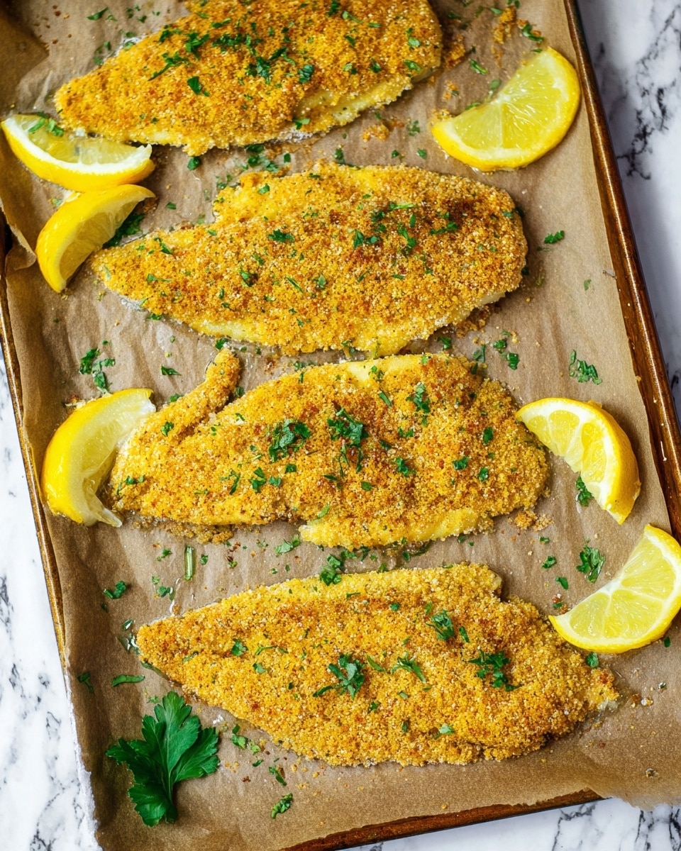 The image shows four breaded fish fillets with a golden yellow crust spread out on a baking tray lined with brown paper. The fillets have a rough, crumbly texture with flecks of green parsley sprinkled on top. Around the fish, there are several bright yellow lemon wedges placed randomly. The background is a white marbled surface. Photo taken with an iphone --ar 4:5 --v 7