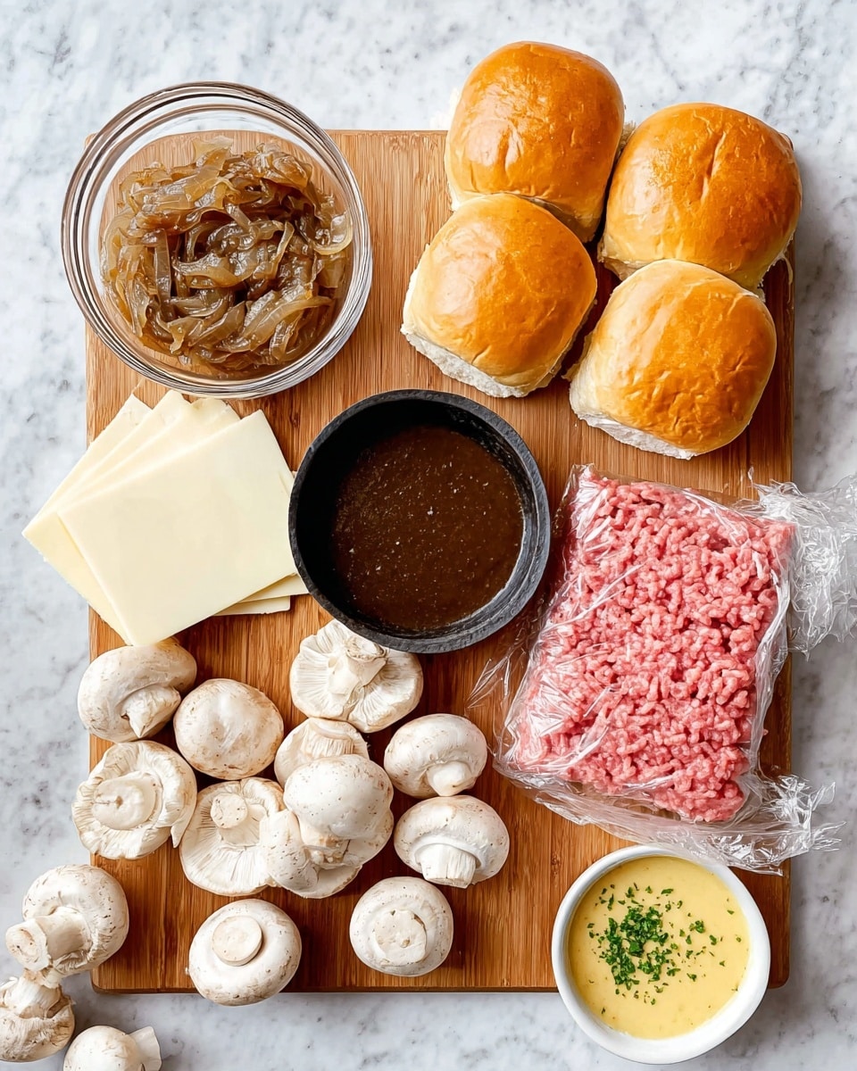 The image shows a wooden board with layers of ingredients for cooking. On the bottom right, there is a layer of raw ground meat wrapped in clear plastic, pink and textured. Above it, there is a black bowl filled with thick dark brown sauce. To the left of the sauce, there are several whole white mushrooms with smooth caps scattered across the board. Near the top left on the board, a clear glass bowl contains cooked caramelized brown onions. Next to the board are stacked white square slices of cheese, with a few slices resting on the white marbled surface. In the upper area, five golden brown bread buns with shiny tops are clustered. To the right, a small white bowl holds a creamy yellow sauce with small green herbs. The whole setting is on a white marbled texture surface, giving a clean and bright background. Photo taken with an iphone --ar 4:5 --v 7