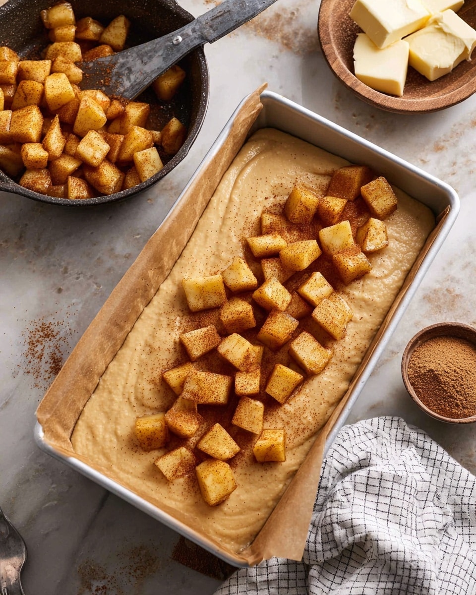 The image shows a white rectangular baking pan lined with brown parchment paper, filled with a smooth beige batter layer topped with evenly spread small golden-brown apple cubes coated with a cinnamon spice mix. Nearby, there is a cast iron pan with more of the spiced apple cubes and a large metal spoon resting inside it. The background surface has a white marbled texture, and there are small butter cubes and a bowl of cinnamon powder visible in the scene. A white checkered cloth is partially seen at the bottom right corner. photo taken with an iphone --ar 4:5 --v 7