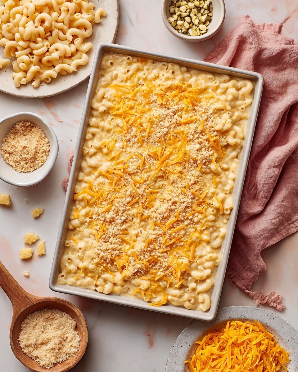 A rectangular baking pan filled with creamy, light beige macaroni mixture topped with shredded bright orange cheese and a sprinkle of pale breadcrumb-like topping in the middle; to the left, a white plate holds cooked elbow pasta with a few pieces scattered around, and above it is a small white bowl with greenish chopped peppers; on the bottom right, a white plate contains more shredded orange cheese; a wooden bowl with light-colored coarse crumbs and a tiny wooden spoon is at the bottom left corner, all set on a white marbled surface with soft pink cloth nearby. photo taken with an iphone --ar 4:5 --v 7