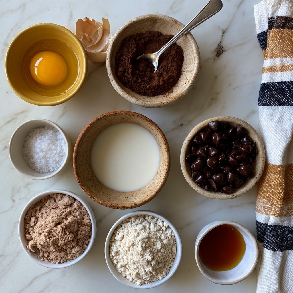 The image shows seven small bowls on a white marbled surface, each containing a different baking ingredient. At the top left, there is a yellow bowl with one raw egg yolk inside and broken egg shells next to it. To the right, a stone-toned bowl holds dark brown cocoa powder with a silver spoon resting in it. Below the egg bowl, a small white bowl contains coarse sea salt. In the middle, a larger stone-toned bowl holds white milk of choice, showing a smooth liquid surface. To the right of the milk bowl, a smaller stone-toned bowl is filled with shiny dark chocolate chips. Below the milk, two white bowls contain light brown protein powder and white gluten-free or oat flour. At the bottom right, a small white bowl is filled with amber maple syrup. A striped cloth with white, navy, and brown colors is placed on the right edge. The photo taken with an iphone --ar 4:5 --v 7