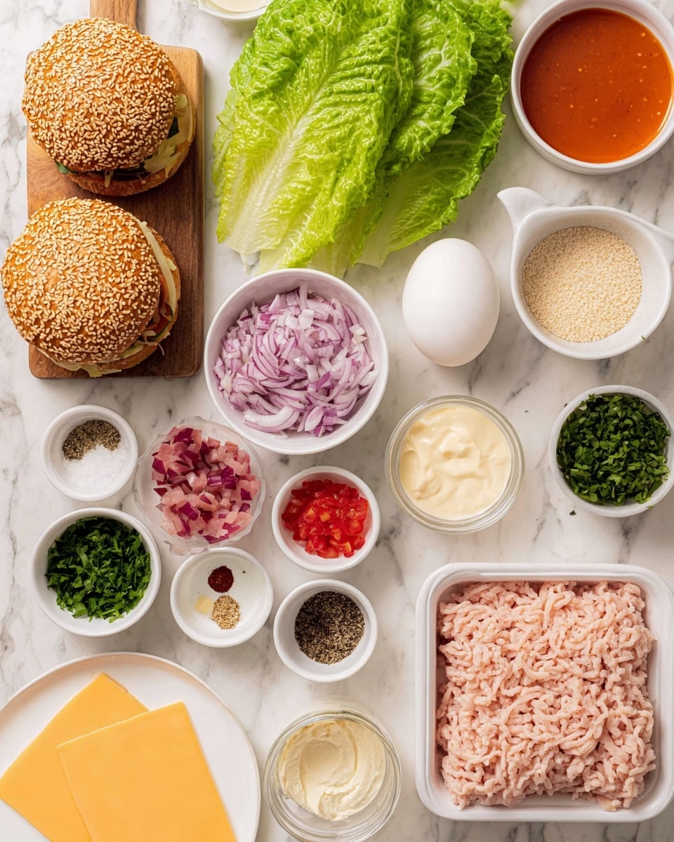 The image shows ingredients for making a burger laid out neatly on a white marbled surface. On the left, two toasted onion-topped buns rest on a wooden board next to two large, fresh green lettuce leaves. Near the center, there is a whole white egg and a small bowl of pale yellow minced garlic. Below these are a small white bowl filled with light beige breadcrumbs and a white container holding raw ground chicken meat with a pale pink, wavy texture. Surrounding these, there are small white bowls filled with finely chopped purple onion, diced red tomato, chopped green herbs, and various spices including black pepper, paprika, and crushed red pepper flakes. There is also a white plate with two yellow cheese slices at the bottom left corner. At the top right corner, three small white bowls hold sauces in white, orange, and red hues. The presentation is clean and organized, showing all components clearly. Photo taken with an iphone --ar 4:5 --v 7