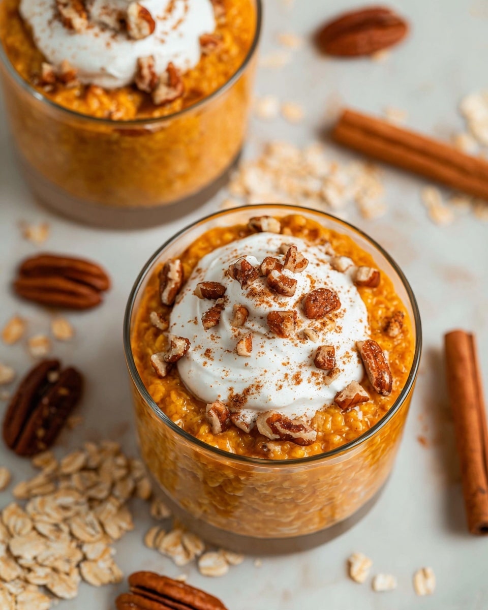 The image shows two glass bowls filled with pumpkin oatmeal, each bowl having three visible layers: a thick orange oatmeal base with a soft, creamy texture, topped with a dollop of white whipped cream in the center, and sprinkled with small chunks of brown pecans and a light dusting of cinnamon powder on top. Around the bowls, there are whole pecans, cinnamon sticks, and scattered oats placed on a white marbled surface in soft focus. The photograph captures a close-up top view with a warm and inviting color palette. Photo taken with an iphone --ar 4:5 --v 7
