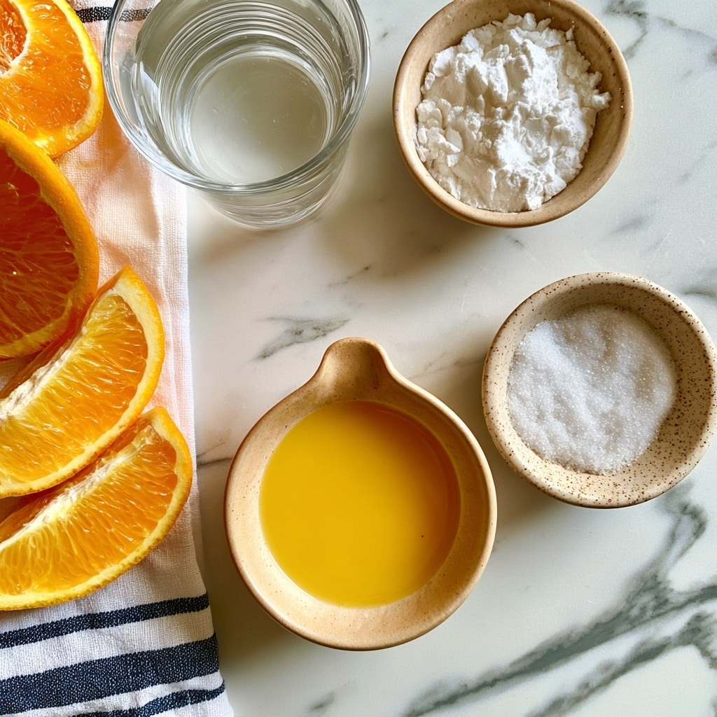 The image shows a top view of a white marbled surface with four small bowls and orange slices arranged around them. At the center bottom, there is a light brown ceramic juicer filled with bright yellow fresh orange juice. To its right, a small speckled light brown bowl contains sea salt with a slightly grainy white texture. Above that, another light brown bowl holds cream of tartar, a fine white powder. To the left of that bowl, there is a clear glass cup filled with translucent coconut water. On the left side of the image, fresh orange slices and wedges rest on a white cloth with dark blue stripes. The colors are bright and natural, with a clean, fresh, and simple look. Photo taken with an iphone --ar 4:5 --v 7