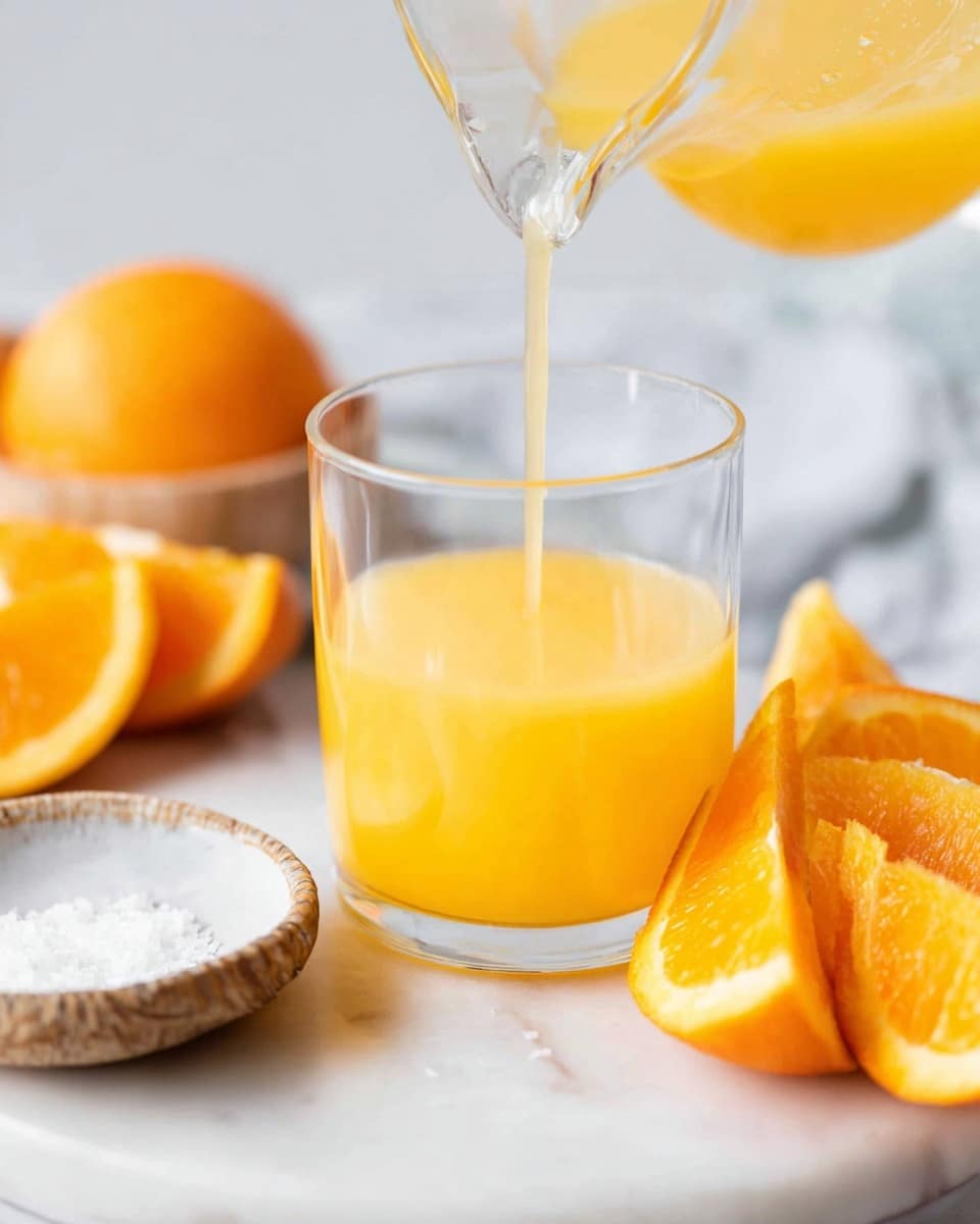 A clear liquid is being poured from a small glass pitcher into a tall glass filled halfway with bright yellow-orange juice, creating a visible thin stream in the center. Around the glass, there are several orange slices arranged casually on a white marbled surface, showing their vibrant orange color and juicy texture. In the foreground, part of a small rustic bowl with coarse white salt is visible. The scene is softly lit, focused on the glass and the pouring action, with a blurred background giving a fresh, clean feeling. Photo taken with an iphone --ar 4:5 --v 7