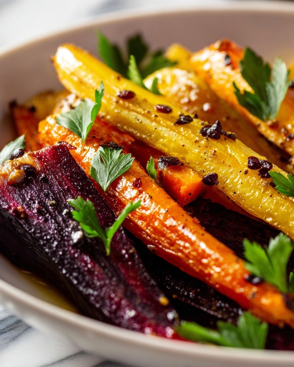 The image shows a white bowl filled with roasted root vegetables arranged in layers. The bottom layer has thick, dark purple chunks of beetroot with a slightly shiny texture. Above that, roasted orange carrot sticks and pale yellow parsnips are placed in a crisscross pattern, showing a caramelized surface. Scattered on top are pieces of light brown walnut halves and chopped fresh green parsley, adding a rough texture and bright color. The bowl is on a white marbled surface, with a navy blue cloth partially visible to the left and a glass of amber-colored drink in the top right corner, with a black fork resting inside the bowl. photo taken with an iphone --ar 4:5 --v 7