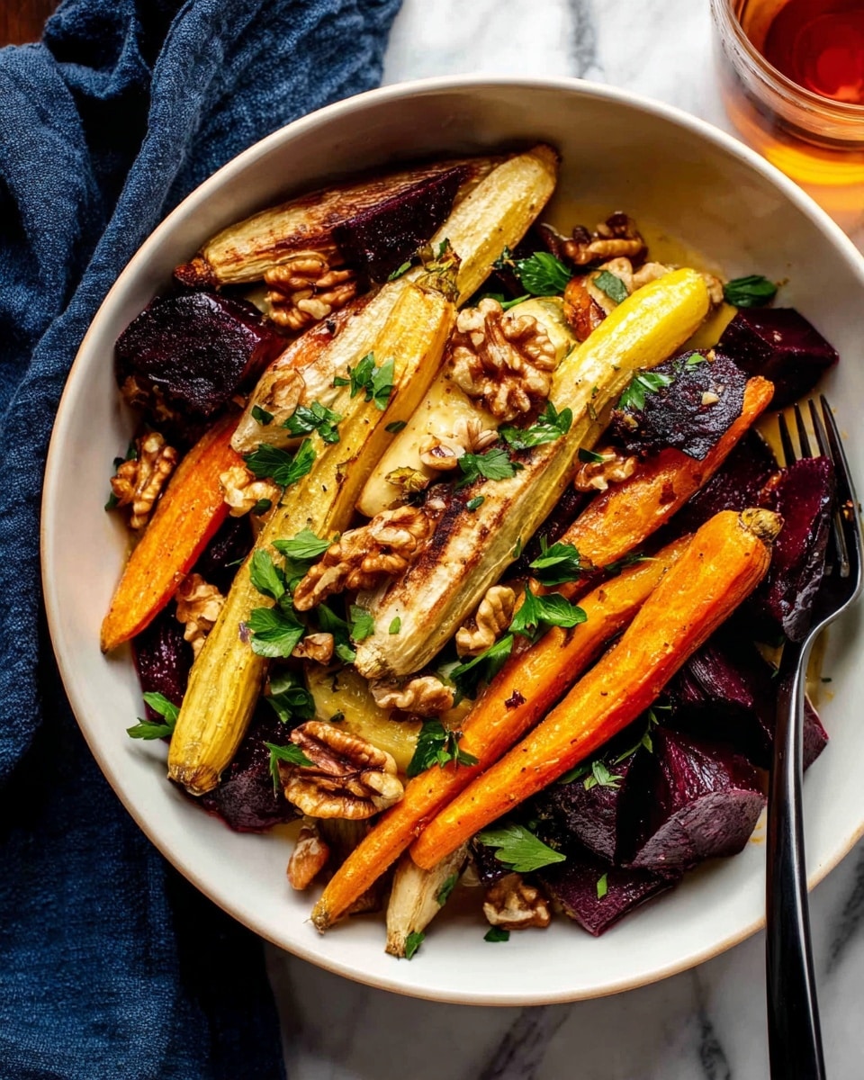 The image shows a close-up of a dish with three layers of roasted vegetables in a white bowl placed on a white marbled surface. The bottom layer is made up of deep purple slices with a rough texture, the middle layer has long, thin, orange roasted carrot sticks, and the top layer features golden yellow slices with a shiny surface and some dark seeds on them. Fresh green parsley leaves are scattered on top, adding a touch of color and freshness. The photo taken with an iphone --ar 4:5 --v 7