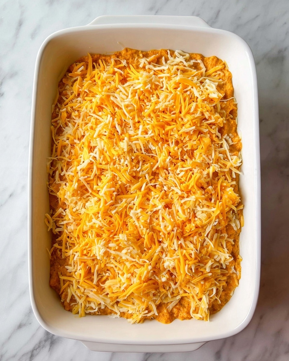A white baking dish filled with one thick layer of a creamy orange mixture with a chunky texture, topped evenly with a layer of shredded yellow and light orange cheese that covers the entire surface. The dish sits on a white marbled surface, creating a clean, bright look. photo taken with an iphone --ar 4:5 --v 7