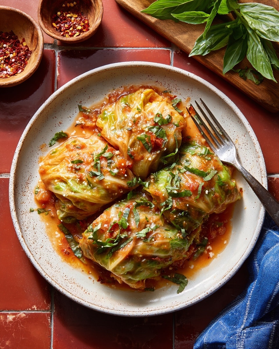 The image shows a white pan filled with six large wedges of cooked cabbage arranged in a circle. The cabbage layers have a warm, golden-brown color with some deeper caramelized edges, showing their soft and slightly charred texture. Fresh green basil leaves are scattered on top, adding a bright contrast. Some small shreds of white cheese are sprinkled over the cabbage. The pan is placed on a white marbled surface with hints of a blue cloth and some metal utensils partially visible nearby. The lighting highlights the glossy, tender texture of the cabbage, making it look tasty and fresh photo taken with an iphone --ar 4:5 --v 7