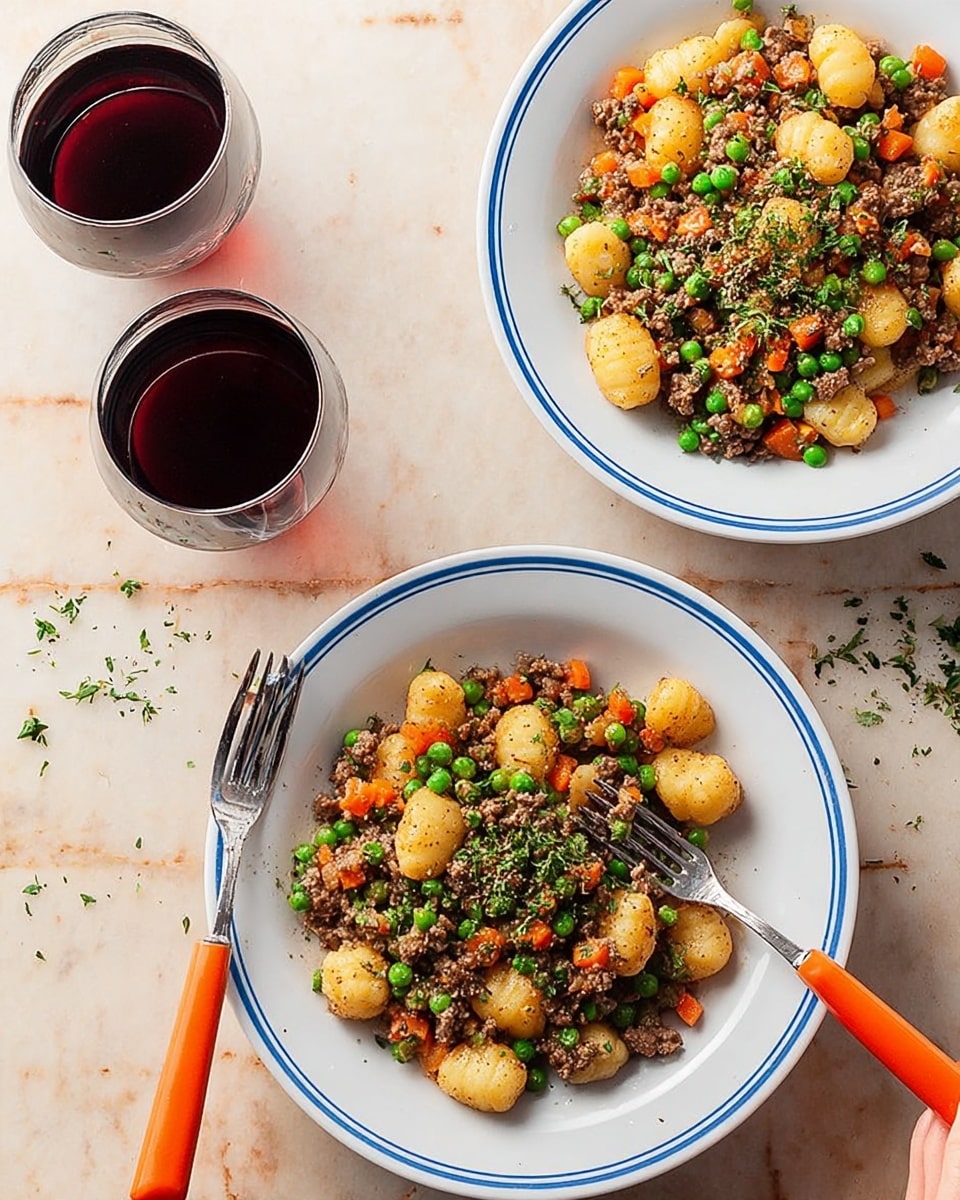 The image shows two white plates with a blue rim, each filled with a dish consisting of three main layers: golden gnocchi, browned ground meat mixed with bright green peas and small orange carrot pieces, topped with finely chopped green herbs. Each plate has an orange-handled fork placed on the right side. A woman's hand holding a fork is visible resting on the left plate. The scene includes two glasses filled with red wine at the top, set on a white marbled surface. Small bits of green herbs are scattered around the plates. photo taken with an iphone --ar 4:5 --v 7