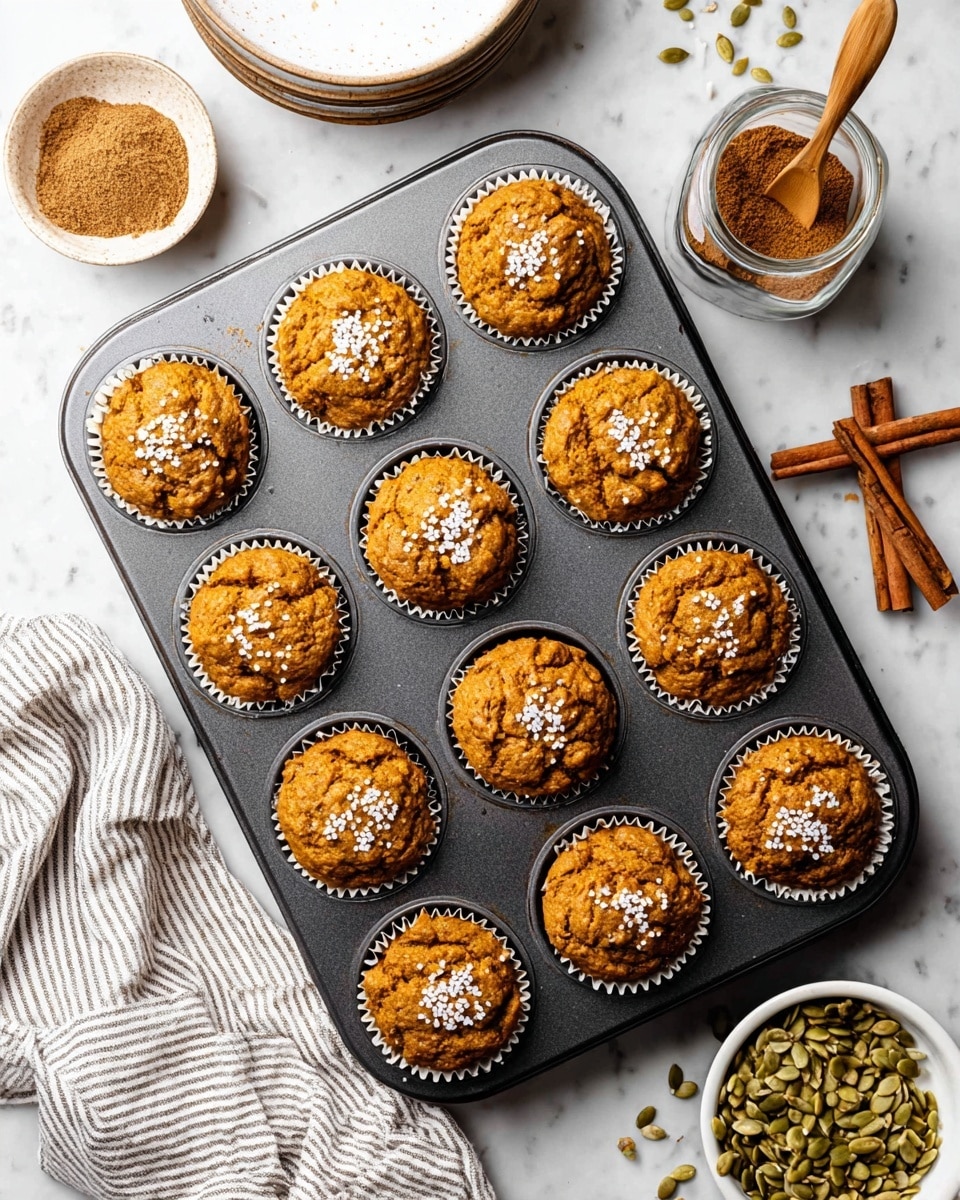 Two pumpkin muffins sit on a white plate with concentric circle details on a white marbled surface. The muffin on the left is whole, showing a rough, textured orange top sprinkled with coarse salt crystals. The muffin on the right is partially peeled with the white paper liner, revealing a moist, crumbly orange interior. Scattered green pumpkin seeds and cinnamon sticks lie around the plate, adding warm autumn colors, while a striped cloth peeks in from the bottom left corner. Photo taken with an iphone --ar 4:5 --v 7