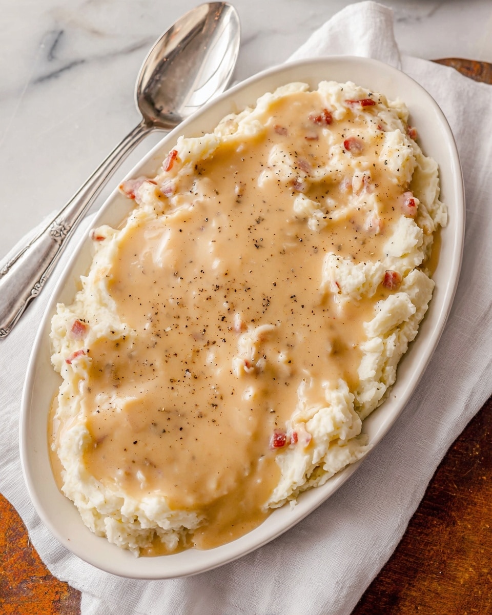 An oval white plate holds a layered dish with a base of lumpy white mashed potatoes mixed with small bits of reddish pieces, spread unevenly and slightly pushed up on the edges; the mashed potatoes are topped with a thick light brown gravy that covers most of the surface, with some black pepper specks scattered throughout. The plate rests on a white marbled surface with a white cloth underneath, and a shiny metal spoon is placed near it. photo taken with an iphone --ar 4:5 --v 7