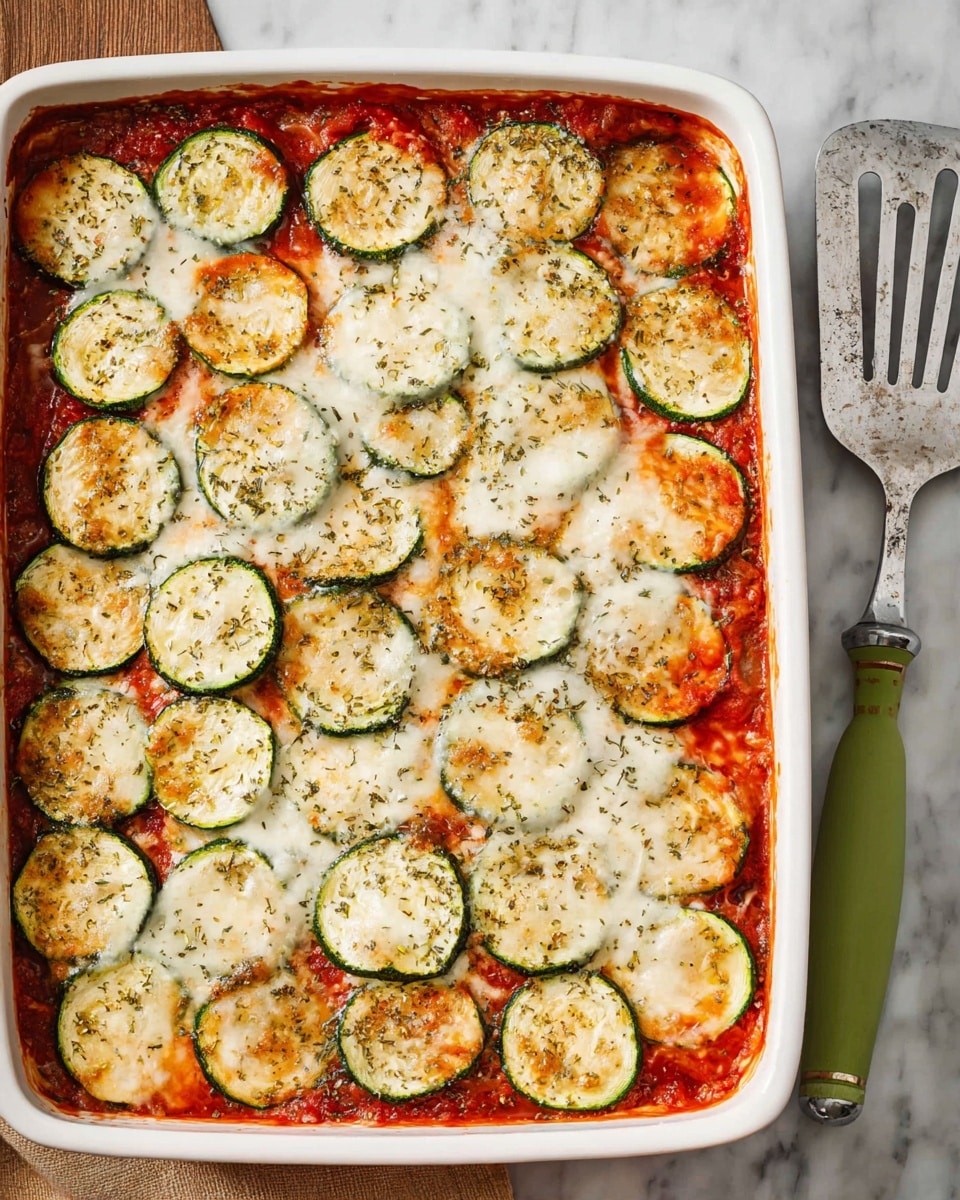 A white rectangular baking dish filled with a layered baked zucchini dish. The bottom layer is rich red tomato sauce with some visible texture, topped with melted white cheese that is bubbly and creamy, and covered with round green zucchini slices evenly spread across the dish. The zucchini pieces are thin and slightly browned with black pepper sprinkled on top. The dish is set on a white marbled surface, with a silver spatula with a green and cream handle placed beside it. photo taken with an iphone --ar 4:5 --v 7