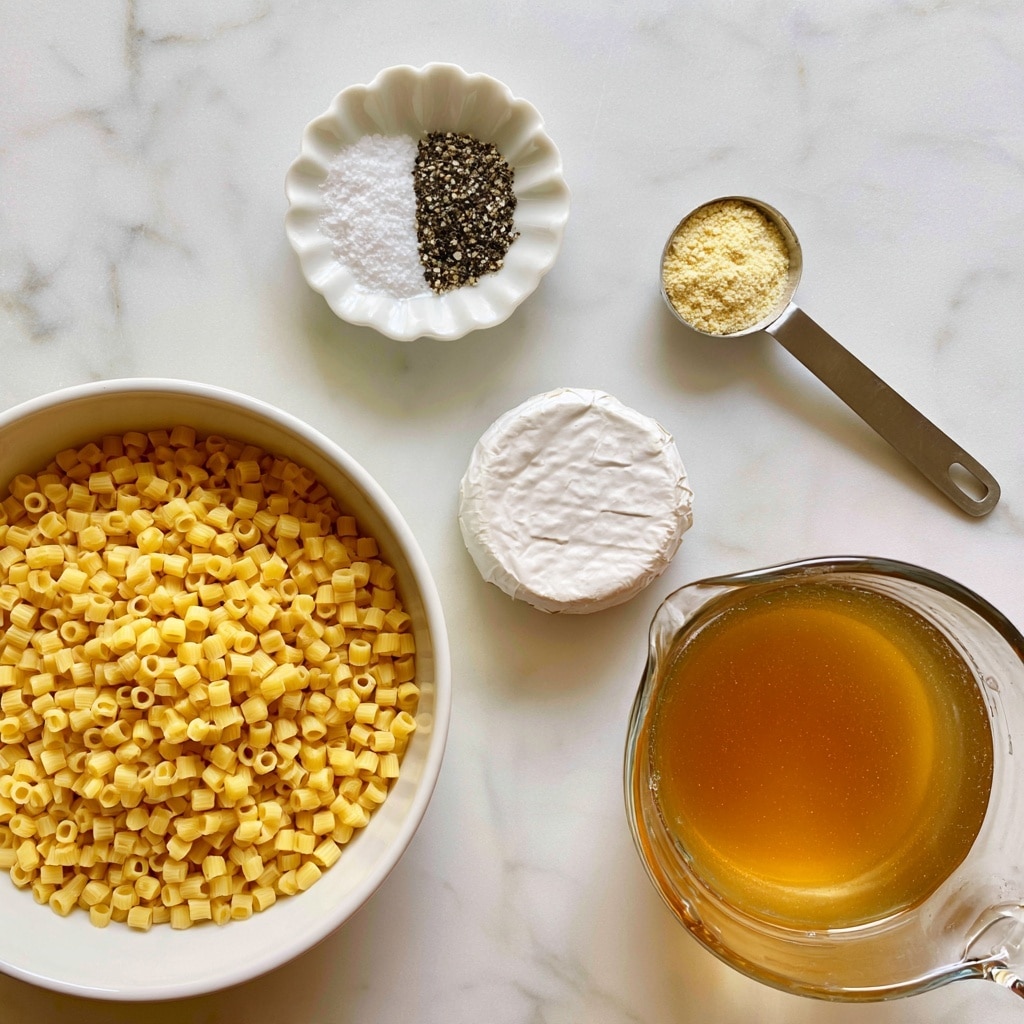 The image shows five ingredients arranged neatly on a white marbled surface: a white bowl filled with small, yellow ditalini pasta in the bottom left, a small white scalloped dish holding coarse salt and black pepper side by side in the top center, a metal measuring spoon with light yellow garlic powder to the right of the salt and pepper, a round white wrapped wheel of Boursin cheese below the garlic powder, and a glass measuring cup filled with amber-colored broth at the bottom right. Each item is clearly separated and easy to see, with clean labels over them. Photo taken with an iphone --ar 4:5 --v 7