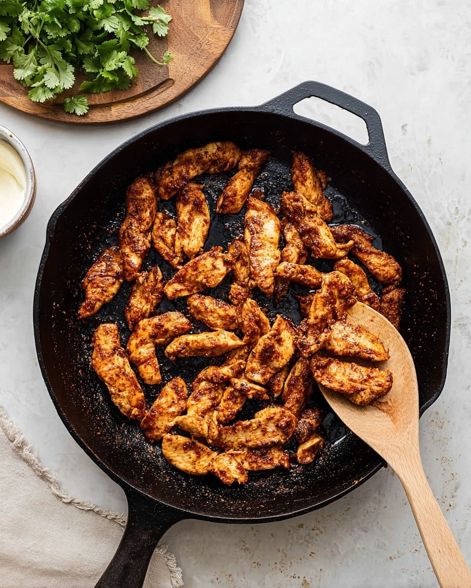 A black cast iron pan filled with several pieces of cooked chicken strips, each piece seasoned with reddish-brown spices creating a slightly crispy texture. The chicken pieces are spread out unevenly across the pan with some overlapping. A wooden spoon rests inside the pan on the right side, holding three chicken strips, showing light caramelization. In the top left background, a round wooden board holds some fresh green cilantro and a small white bowl with a creamy dip. The entire scene is set on a white marbled surface. photo taken with an iphone --ar 4:5 --v 7