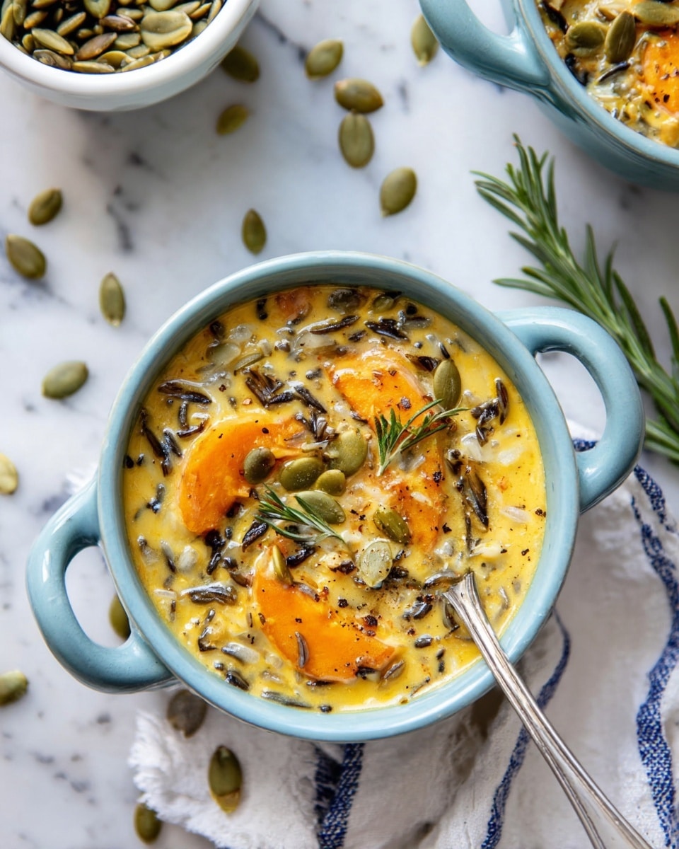 A light blue small pot with two handles holds a creamy dish filled almost to the top. The dish has a yellow-orange base with pieces of orange sweet potato visible, mixed with grains or rice. On top, there are scattered green pumpkin seeds and small bits of herbs, giving the dish texture and color contrast. A silver spoon rests inside the pot, leaning on the edge. The pot sits on a white marbled surface with a soft, blurred background that includes a small white bowl with more seeds and a green rosemary sprig laying nearby. A white cloth with blue stripes is partly visible at the bottom left. photo taken with an iphone --ar 4:5 --v 7