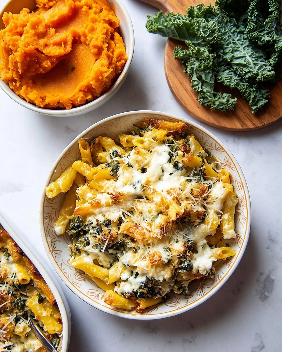 The image shows a bowl filled with baked pasta that has three main layers: the bottom layer consists of yellow baked pasta tubes mixed with green leafy vegetables, the middle layer has creamy white melted cheese spread unevenly, and the top layer is sprinkled with light brown grated cheese, all arranged in a white bowl with a subtle floral pattern. Nearby, there is a white bowl filled with bright orange mashed sweet potatoes and fresh green kale leaves on a small wooden board on a white marbled surface. Photo taken with an iphone --ar 4:5 --v 7
