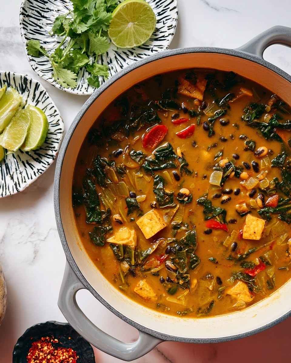 The image shows a close-up of a thick soup in a white pot with a gray rim. The soup has a brownish-orange color and contains many layers of ingredients: small yellow beans with black spots, deep green leafy vegetables, red bell pepper pieces, and chunks of golden-yellow tofu. The soup looks rich and smooth with visible oil glistening on top. Next to the pot on a white marbled surface, there is a white plate with black zigzag patterns holding three lime slices and fresh green cilantro leaves. A small black dish with red chili flakes is also nearby, adding a pop of color to the background. Photo taken with an iphone --ar 4:5 --v 7