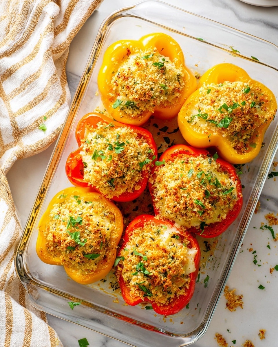 There is a clear glass baking dish on a white marbled surface with six halved bell peppers inside, four yellow and two red. Each pepper is filled with a mixture topped with a golden-brown breadcrumb crust that looks crispy and slightly browned. Underneath the crust is a creamy, pale yellow layer with small pieces of green herbs visible. The filling sits neatly inside each pepper half, with some fresh green herb sprinkles on top, adding a touch of color. Around the baking dish are small scattered pieces of crumbs and green herbs. In the corner near the dish, a striped beige and white cloth is partially visible. Photo taken with an iphone --ar 4:5 --v 7