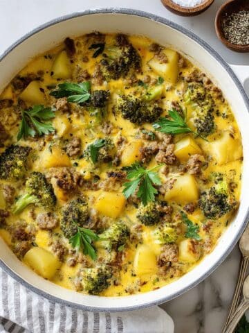Cheesy Broccoli Ground Beef and Potato Skillet Recipe