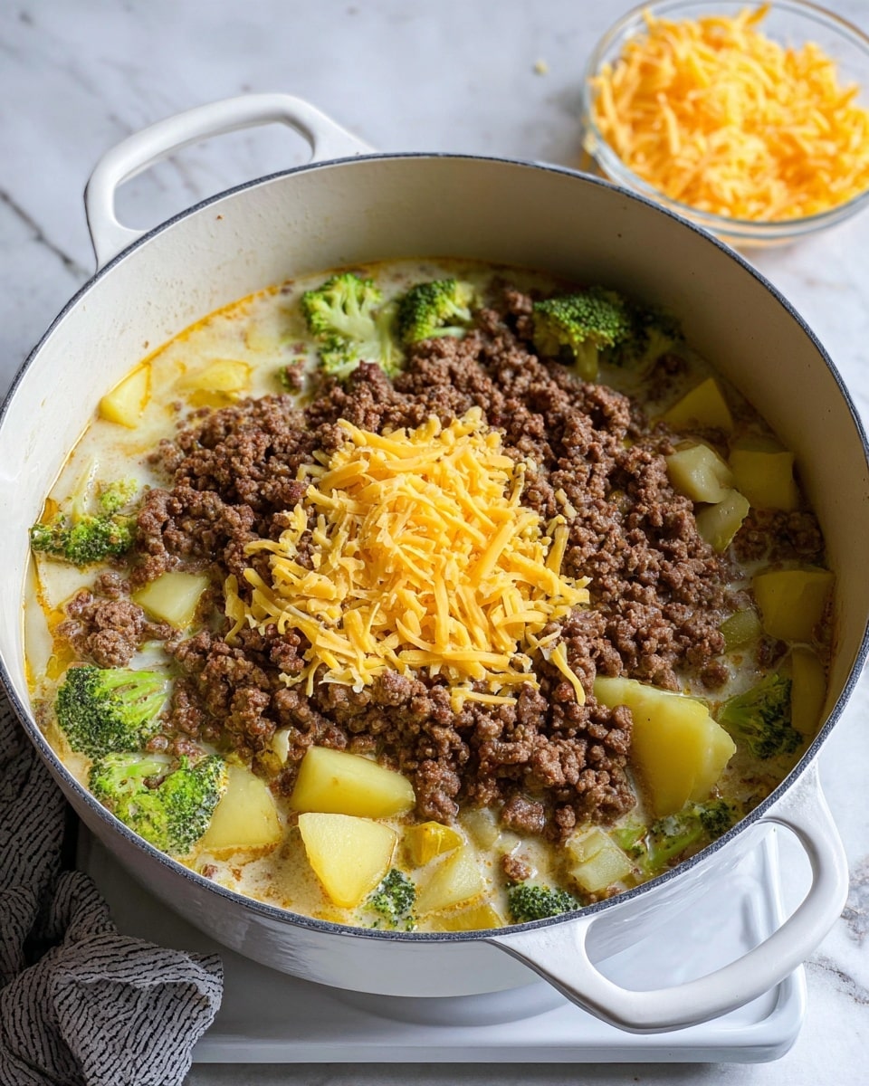 The dish is shown in a white pot sitting on a simple stove with a white marbled surface underneath. The bottom layer in the pot is a creamy sauce mixed with pieces of broccoli and light yellow diced potatoes. On top of this base is a thick layer of cooked ground meat, brown and crumbly in texture. Above the meat, there is a pile of shredded bright yellow cheese evenly spread in the center. On the side, there is a small clear bowl filled with more shredded cheese placed on the white marbled surface. The scene is light and clean, with the pot handle visible at the front. photo taken with an iphone --ar 4:5 --v 7