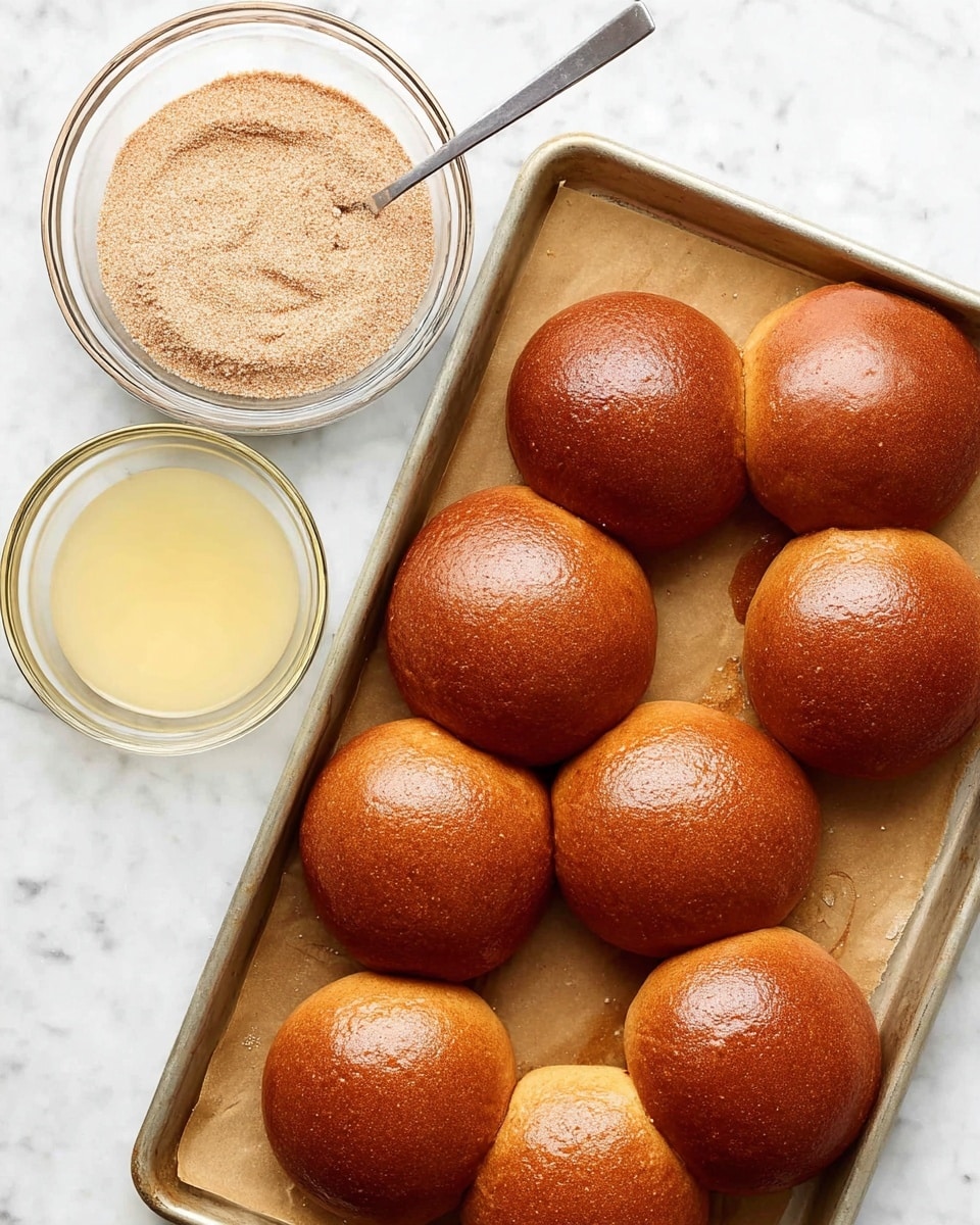The image shows a baking tray with ten round, golden-brown buns that have a smooth, shiny surface, arranged in three rows with some overlapping. The tray is on a white marbled background. Above the tray are two clear glass bowls, one filled with a light brown powdery mixture and a silver spoon resting inside, and the other filled with a pale yellow liquid. The overall setup looks clean and fresh, focused on the buns and the two ingredient bowls, photo taken with an iphone --ar 4:5 --v 7