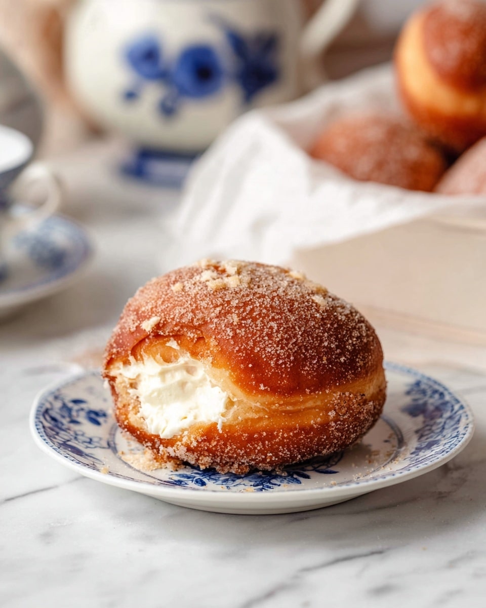 A round doughnut sits on a white plate with blue floral patterns, covered in a crispy golden-brown crust coated with sugar crystals; a visible burst of white creamy filling peeks out from one side, looking smooth and soft. The plate rests on a white marbled surface, with a blurred background that includes a white container holding more doughnuts lined with parchment paper and a white ceramic teapot with blue decorations. photo taken with an iphone --ar 4:5 --v 7