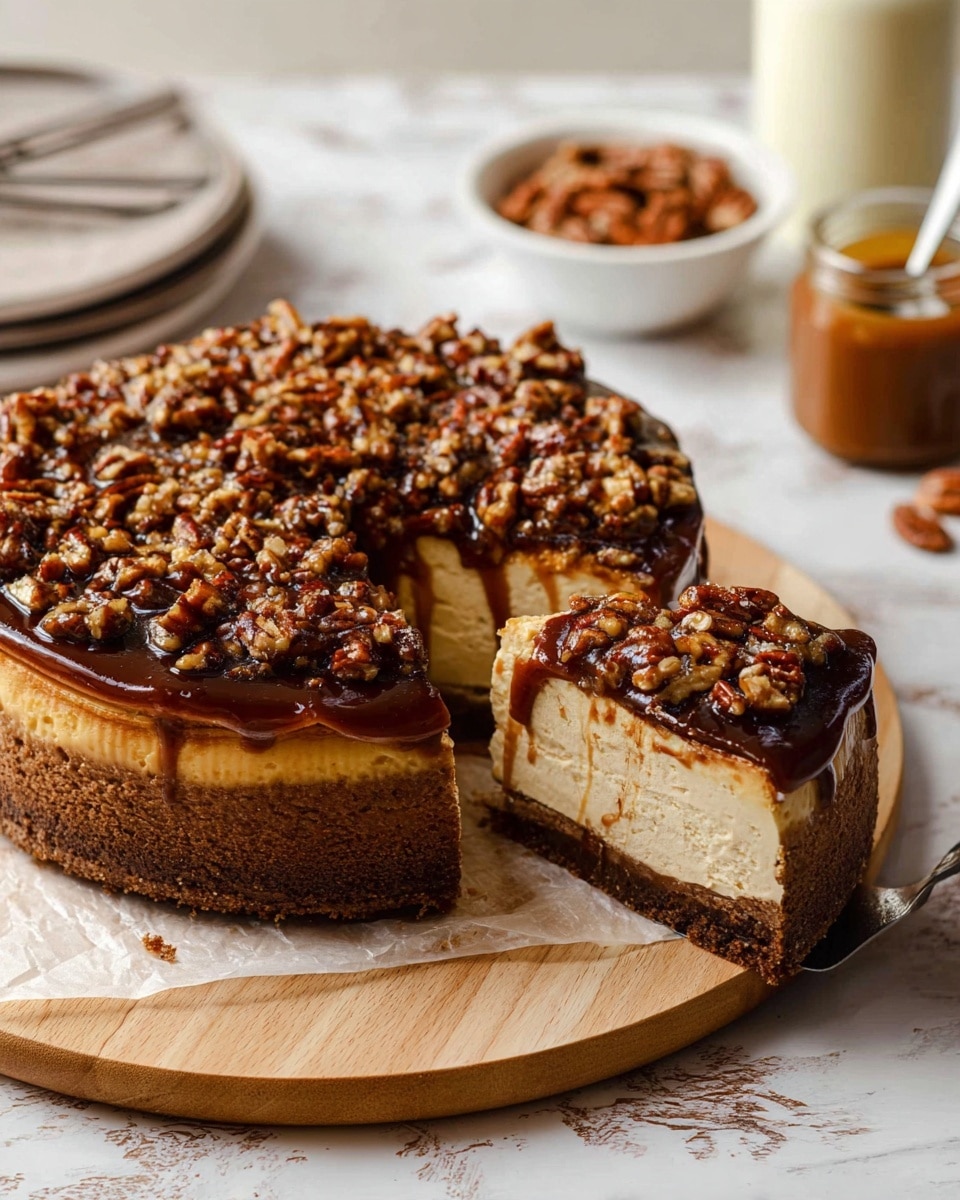 A thick round cheesecake sits on a light wooden board with parchment paper underneath. It has three main layers: a dark brown crumb base at the bottom, a creamy beige middle cheesecake layer, and a top layer covered in glossy, dark brown sauce mixed with many crunchy pecan pieces. A slice is lifted out showing the layers clearly. The cheesecake and board rest on a white marbled surface with blurred kitchen items in the background, including a small white bowl of pecans, a jar of caramel sauce, and a glass bottle with light cream inside. photo taken with an iphone --ar 4:5 --v 7