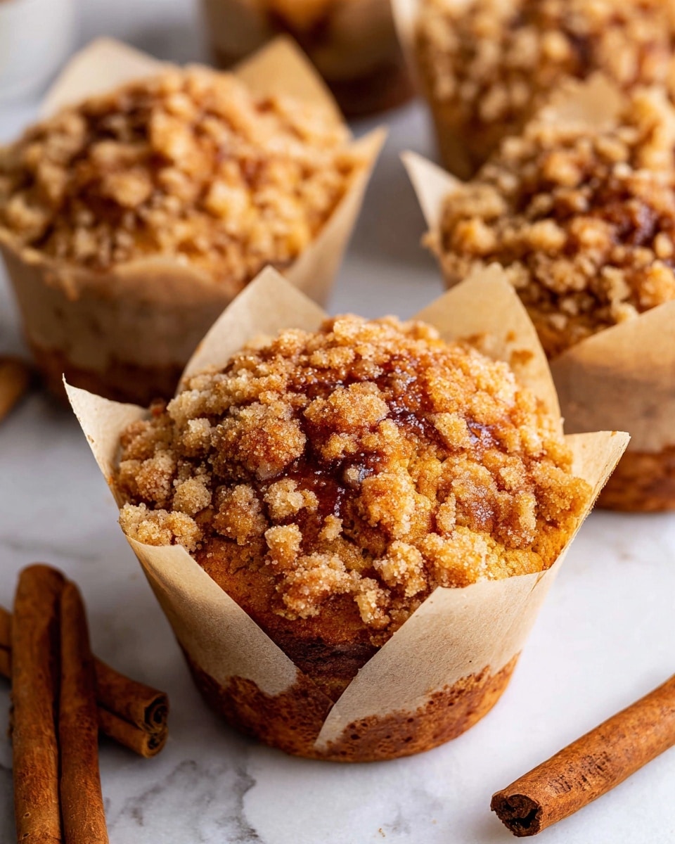 A close-up view of a partly eaten muffin sits on a speckled white plate with a brown rim, placed on a white marbled surface; the muffin shows three layers: a soft, light beige crumbly base with large pale yellow apple chunks inside, a middle layer of juicy, bright golden apple pieces, and a crumbly, golden brown streusel topping with cinnamon and sugar; in the blurry background, two more muffins wrapped in brown paper with nutty crumble tops and two red apples add depth to the image, all set against a soft beige background; photo taken with an iphone --ar 4:5 --v 7