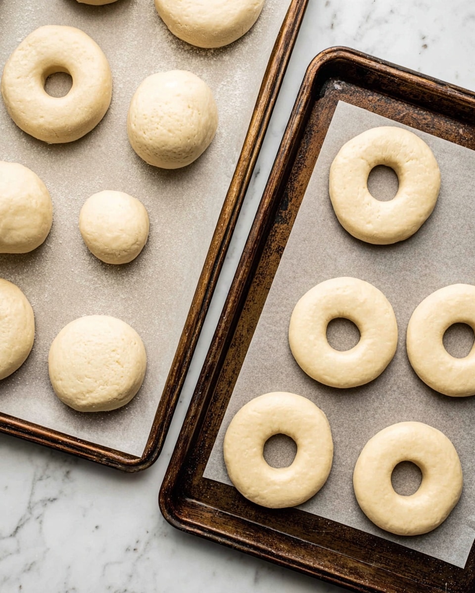 The image shows several raw dough rings and dough balls placed on pieces of parchment paper on two rectangular baking trays. Each dough ring is round with a smooth pale cream color and a hole in the center. The dough balls are smaller, round, and similarly pale. The trays are dark metal and have a slightly worn texture. The surface underneath is white with a marbled texture. photo taken with an iphone --ar 4:5 --v 7