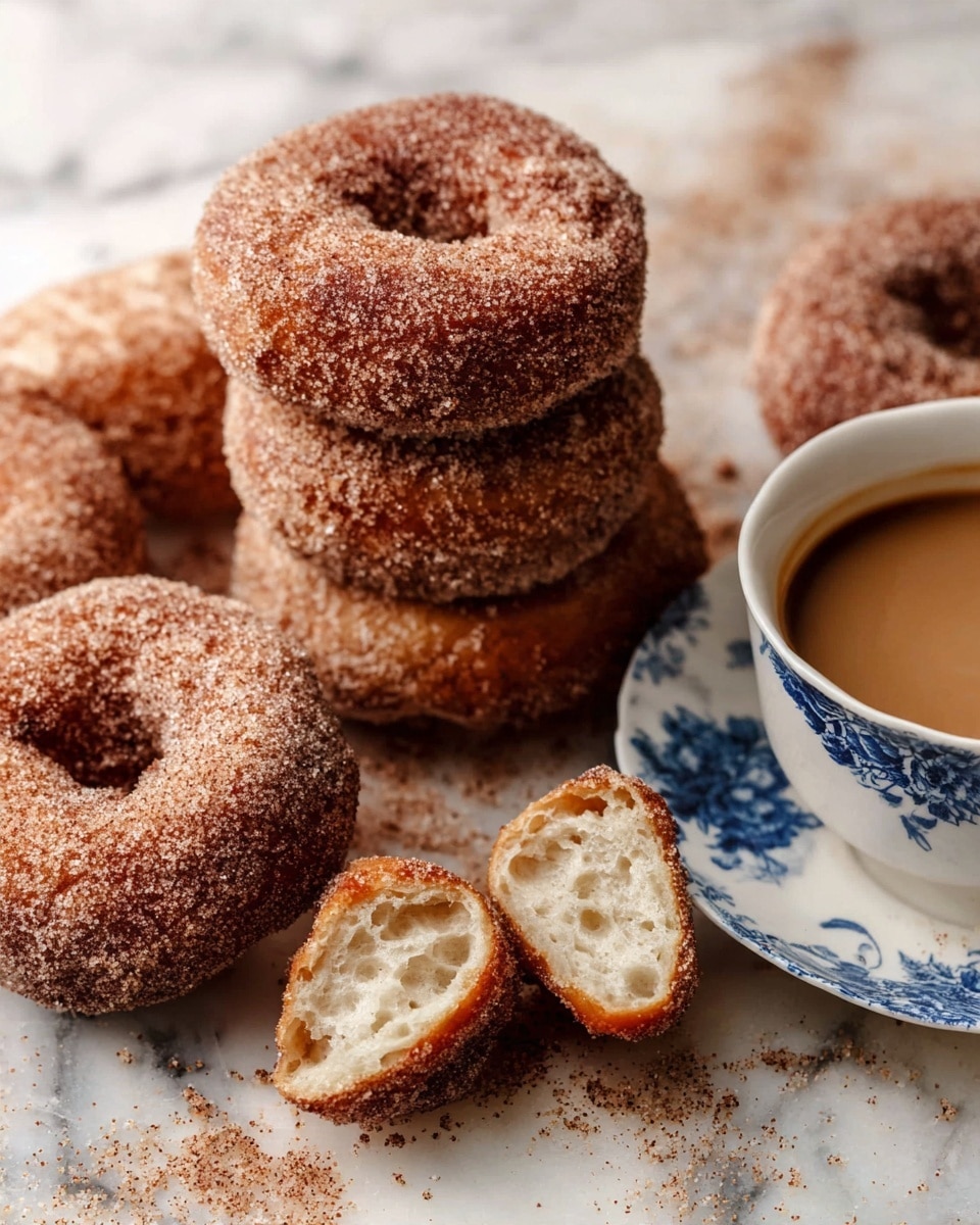 Several cinnamon sugar-coated donuts and sticks are stacked on a white marbled surface. The donuts are golden brown with a coarse, sugary texture on the outside. One donut is whole while the rest are sticks broken in half, showing a soft, airy, white inside with a light, fluffy texture. On the right side, a white teacup filled with light brown coffee sits on a white plate with blue floral patterns. The setup shows a cozy, warm snack scene. photo taken with an iphone --ar 4:5 --v 7