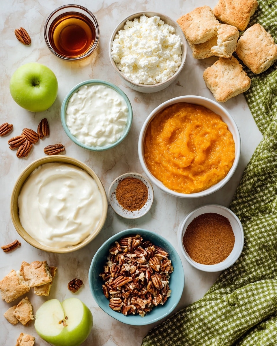 The image shows a top view of several small white and light blue bowls and plates with different ingredients arranged on a white marbled surface. There are bowls filled with creamy white yogurt, thick white cottage cheese, bright orange pumpkin puree, and chopped pecans in a light blue bowl. Small white bowls hold ground cinnamon and a brown syrup. There are also light brown biscuits, some broken, and a few green apples placed near the edges. Pieces of pecans are scattered around the bowls, and a green checkered cloth is on the right side of the image. The arrangement is neat and colorful, with warm and earthy tones. Photo taken with an iphone --ar 4:5 --v 7
