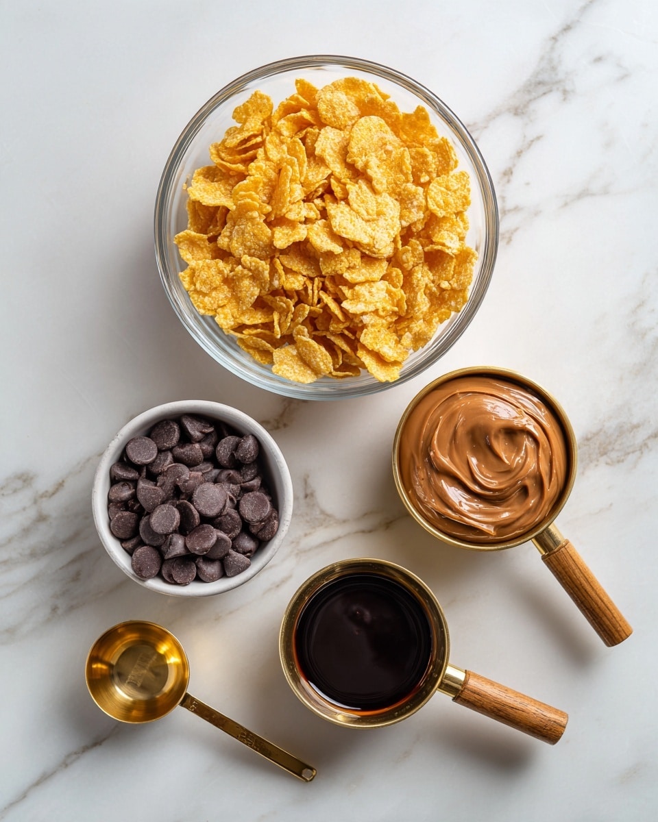 A top view shows four containers on a white marbled surface: a large clear glass bowl filled with golden corn flakes at the top center, a small white bowl with dark chocolate chips at the bottom left, and two small gold measuring cups with wooden handles next to each other on the right side—the top one holding a thick light brown creamy peanut butter and the bottom one filled with dark glossy chocolate syrup. Photo taken with an iphone --ar 4:5 --v 7