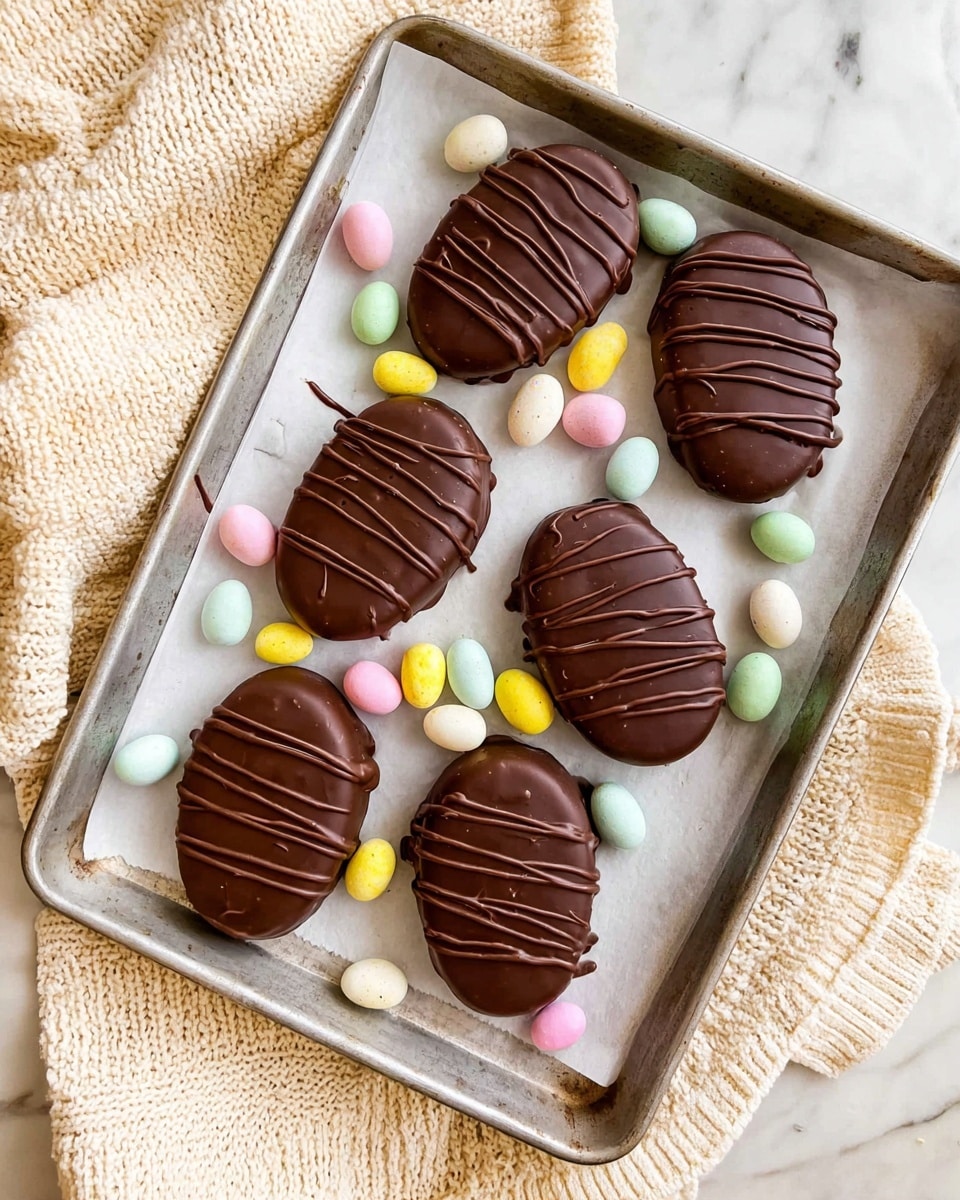 Seven oval-shaped chocolate-covered treats are placed on a white paper inside a metal baking tray. Each treat is smooth and shiny dark brown with thin lines of drizzled chocolate across the top, adding texture. Around the treats are small pastel-colored candy eggs in yellow, pink, green, white, and blue, scattered loosely. The tray sits on a soft cream-colored knitted cloth, and the surface under it shows a white marbled texture. The overall look is neat with a cozy, homemade feel. photo taken with an iphone --ar 4:5 --v 7