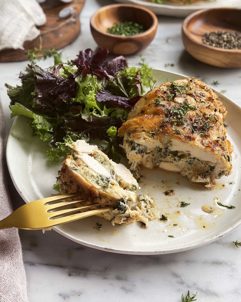 A white plate on a white marbled surface holds a dish with two main parts: on the right, a thick piece of golden-brown cooked chicken with a slightly crispy skin sprinkled with small green herbs; on the left, a small pile of mixed leafy greens in shades of light green and dark purple, some wet with droplets. A gold fork is lifting a bite of chicken filled with creamy white and light green stuffed vegetable pieces, likely broccoli, with some brown seasoning on top. In the background are two small wooden bowls, one with black pepper and one with chopped green herbs. photo taken with an iphone --ar 4:5 --v 7